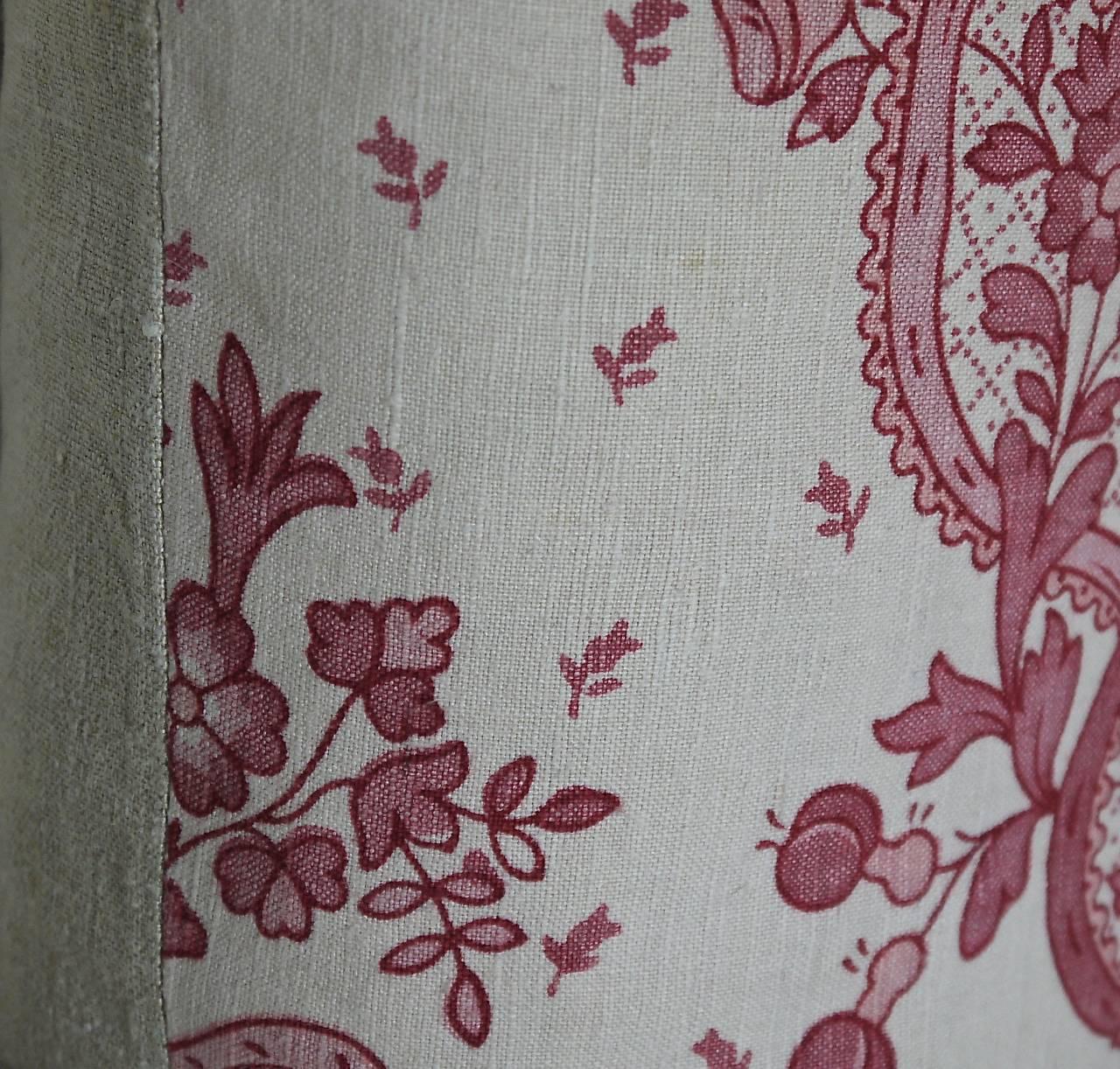  Pretty Red and Pink Floral Linen Pillow Antique French c.1920 1