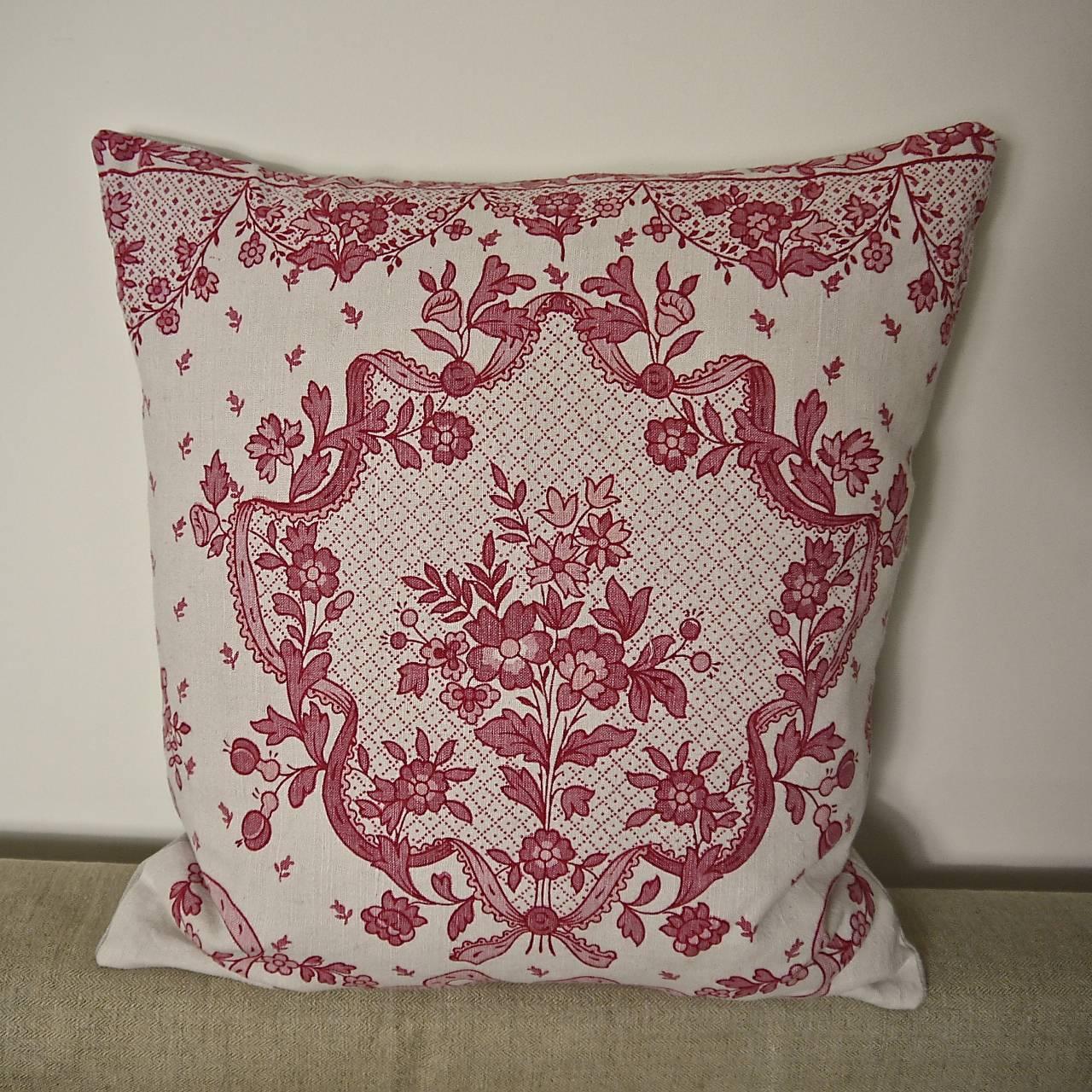  Pretty Red and Pink Floral Linen Pillow Antique French c.1920 2