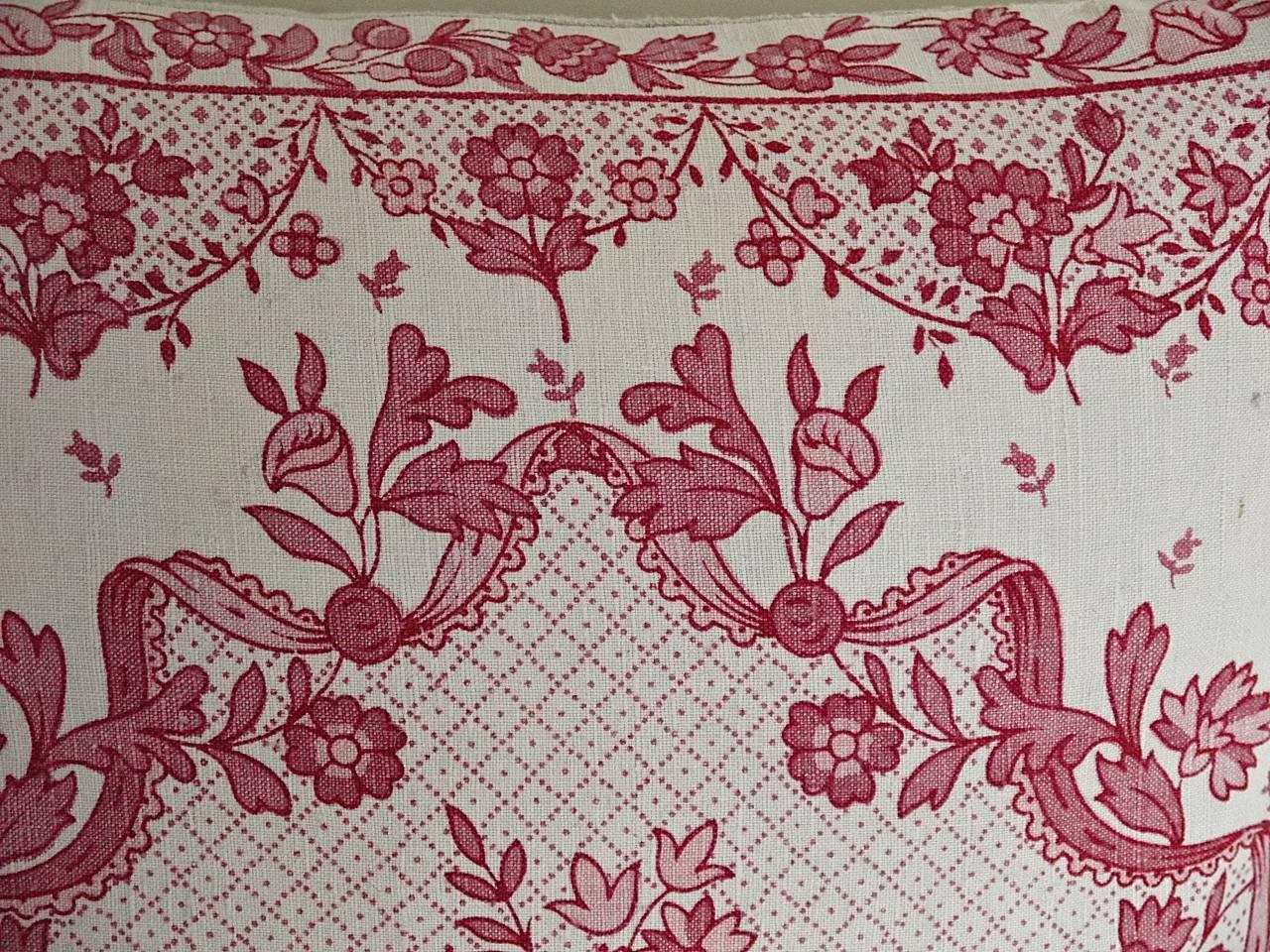 20th Century  Pretty Red and Pink Floral Linen Pillow French c.1920