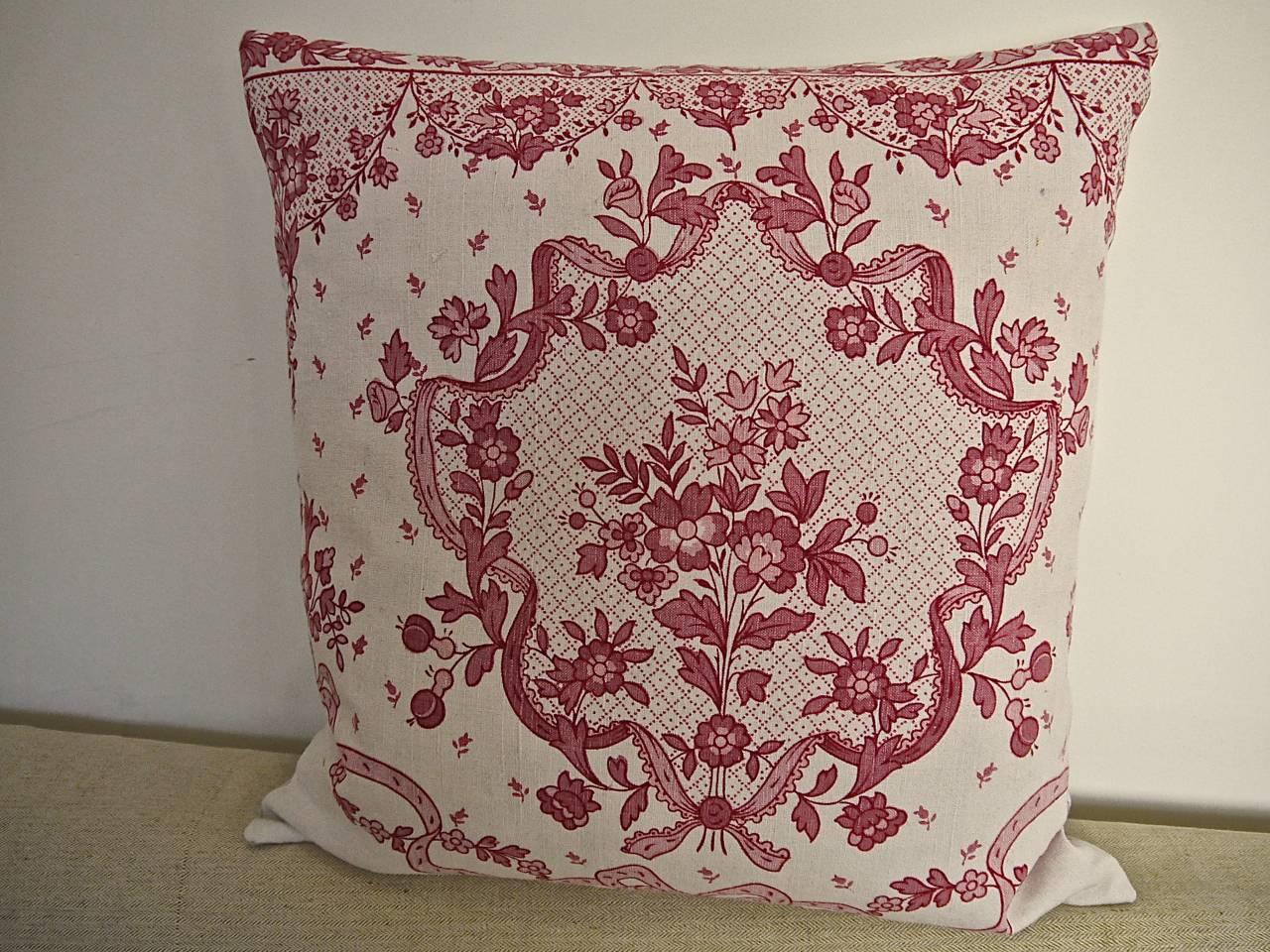  Pretty Red and Pink Floral Linen Pillow French c.1920 1