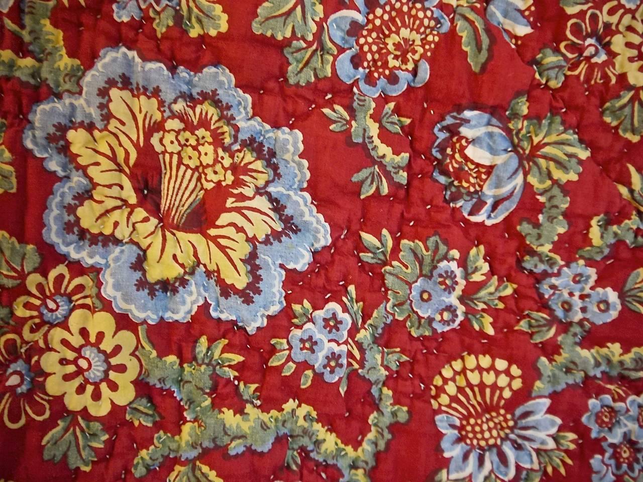  Madder Red and Pastel Blue Large Quilt French antique 1800 In Excellent Condition In London, GB