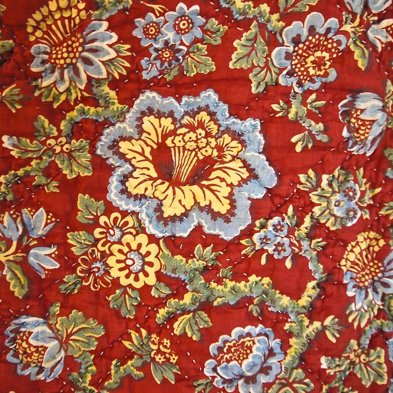 19th Century  Madder Red and Pastel Blue Large Quilt French antique 1800
