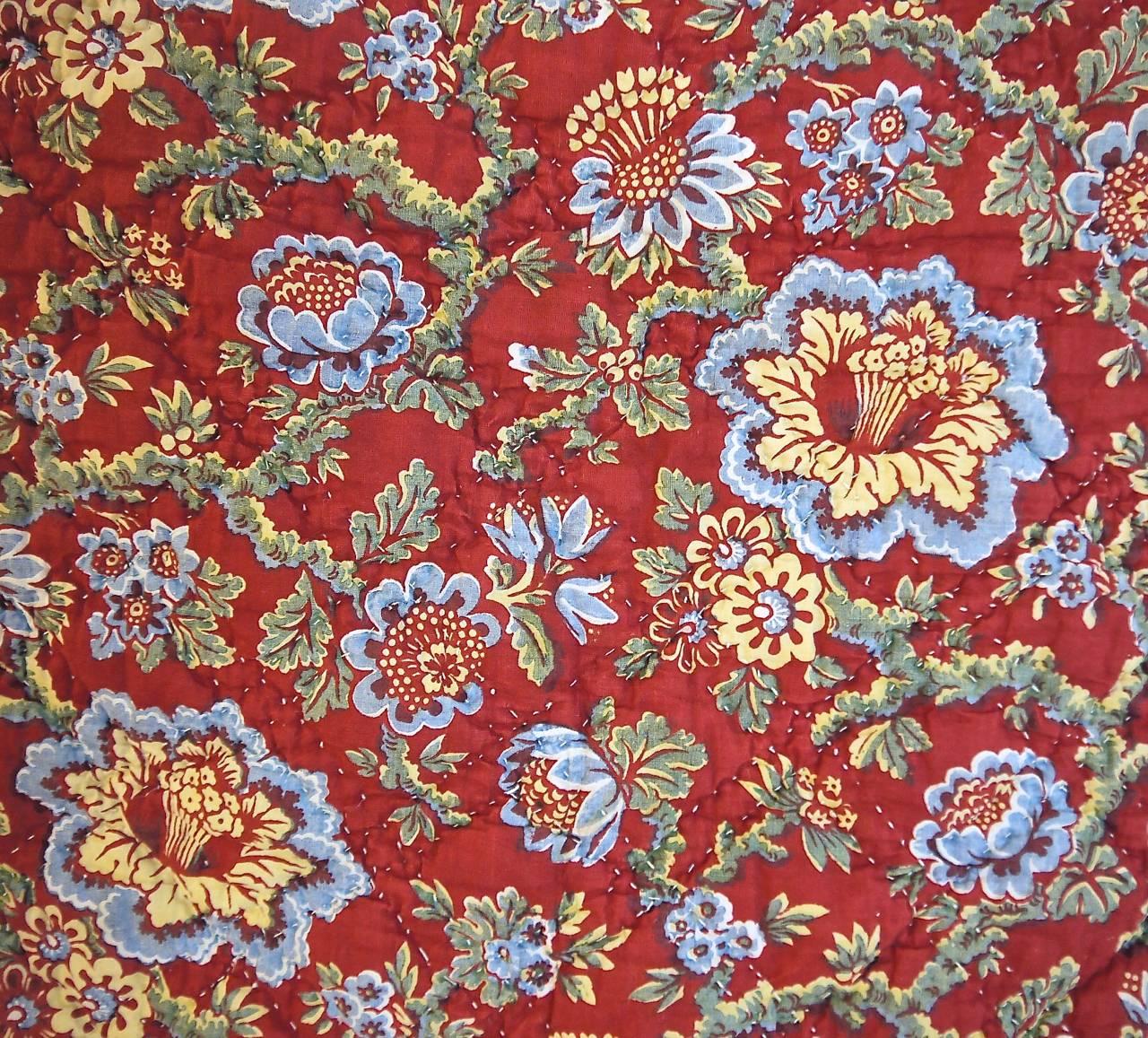  Madder Red and Pastel Blue Large Quilt French antique 1800 1
