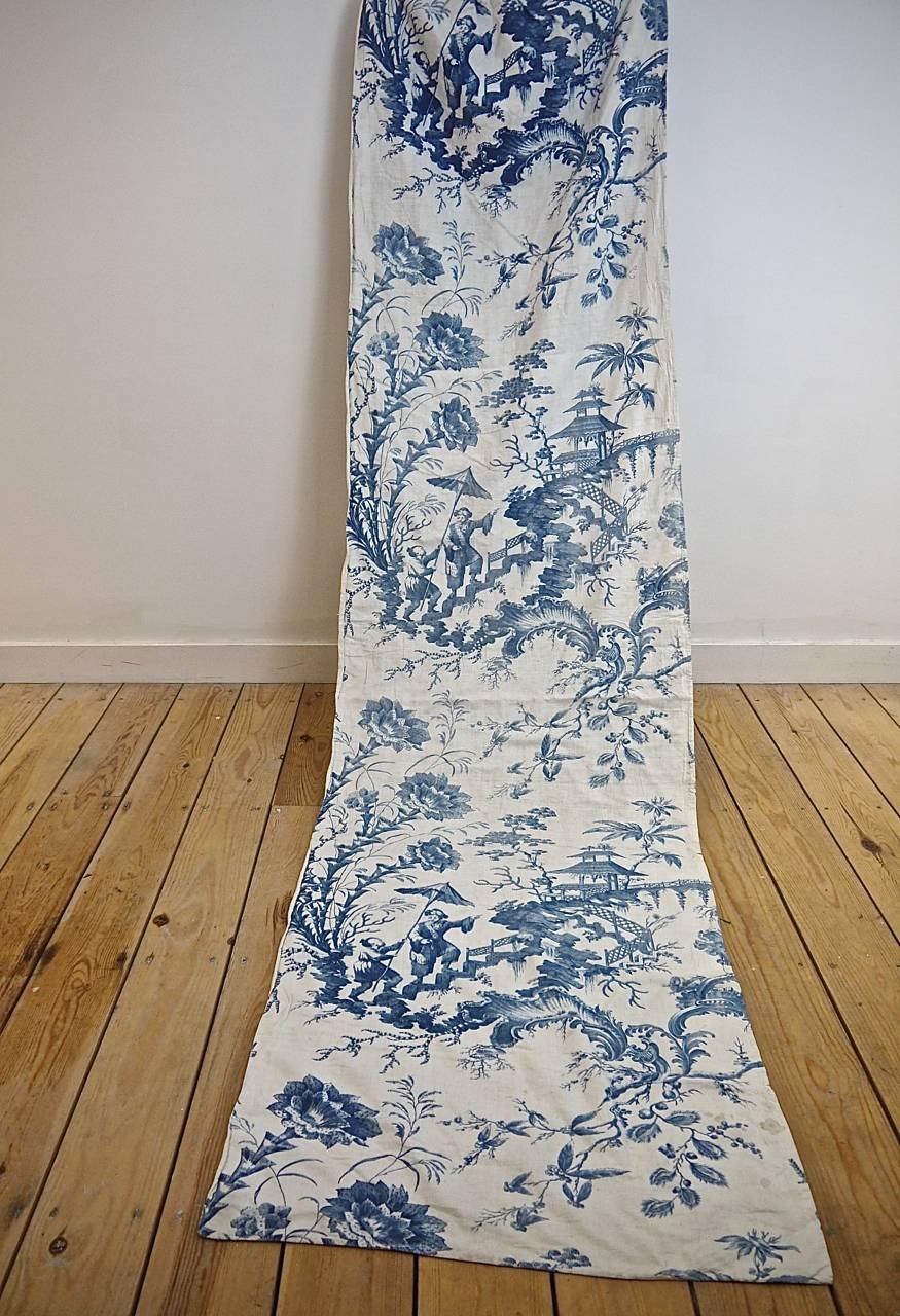 French Provincial Pair of 18th Century French Antique Chinoiserie Toile Blue and White Curtains