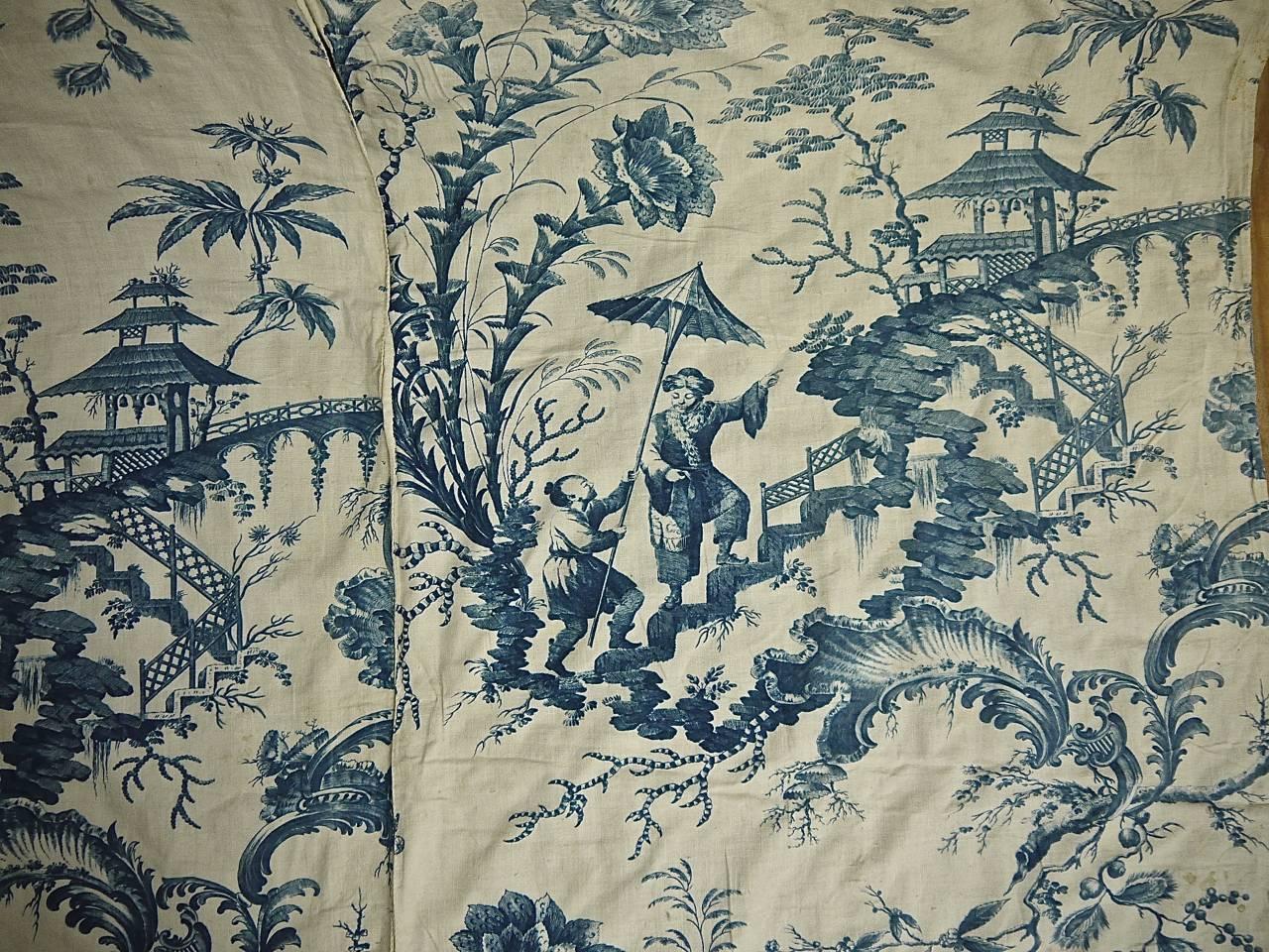 Cotton Pair of 18th Century French Antique Chinoiserie Toile Blue and White Curtains