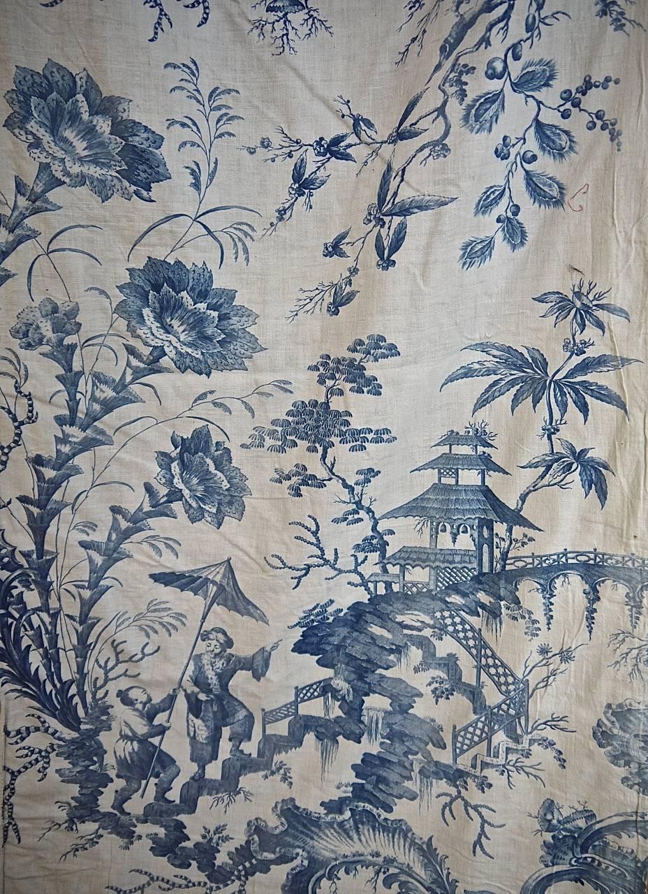 Pair of 18th Century French Antique Chinoiserie Toile Blue and White Curtains 1