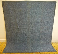 Blue Bourette Silk Quilt with Rustic Linen Reverse French 19th century