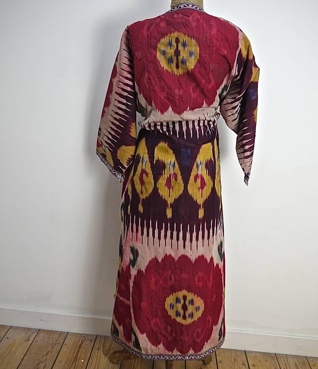Suzani Late 19th century Uzbek silk ikat chapan robe               