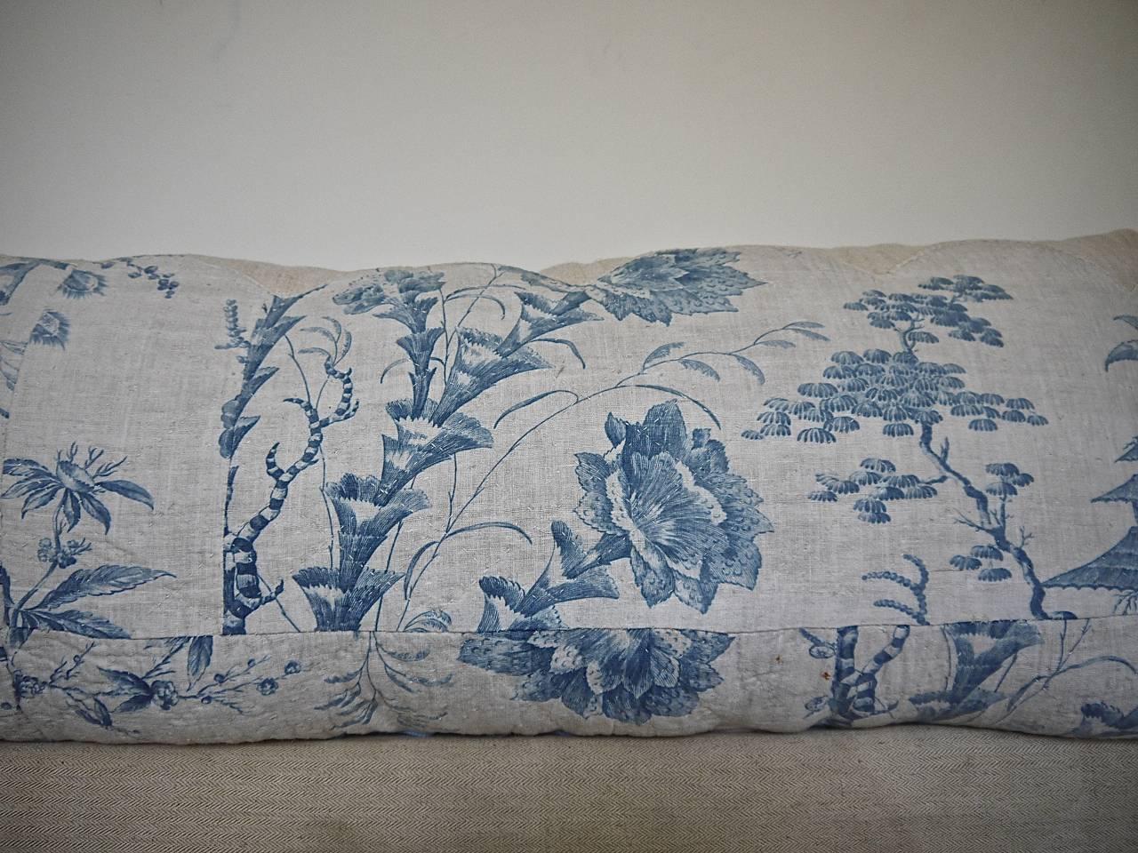 Quilted  Chinoiserie Toile Blue and White pillow French 18th century