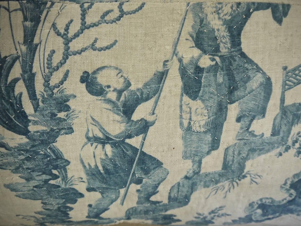 French Provincial 18th Century French Antique Chinoiserie Toile Blue and White pillow