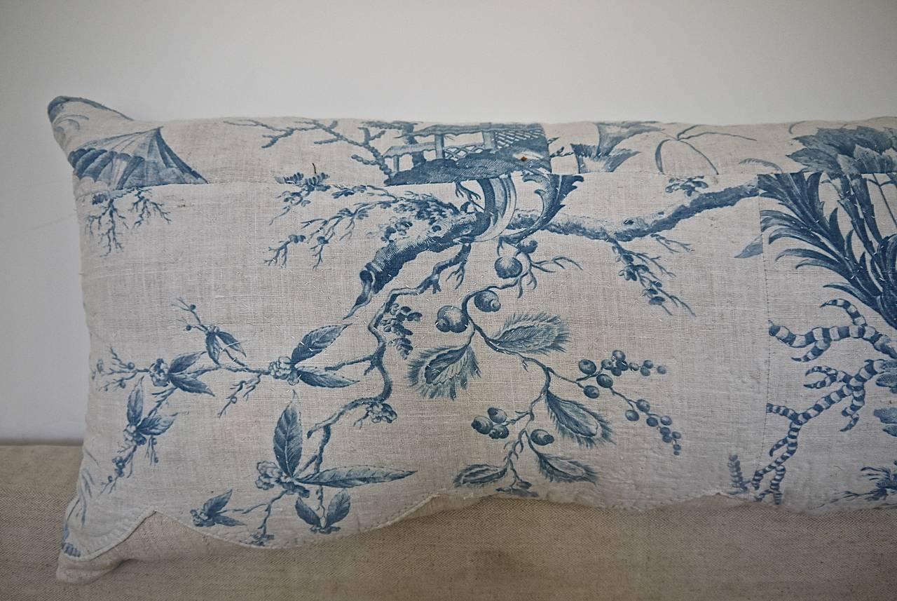 Quilted 18th Century French Antique Chinoiserie Toile Blue and White pillow