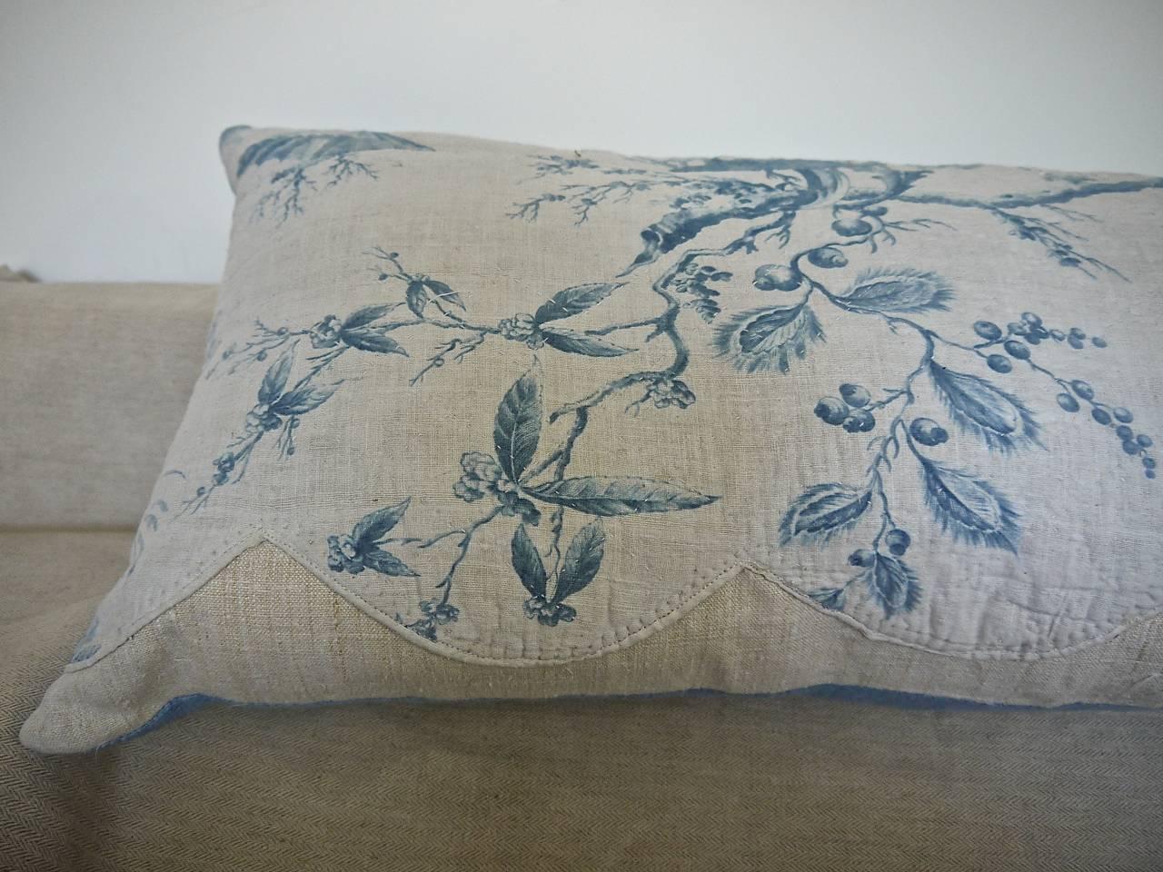 18th Century French Antique Chinoiserie Toile Blue and White pillow 1
