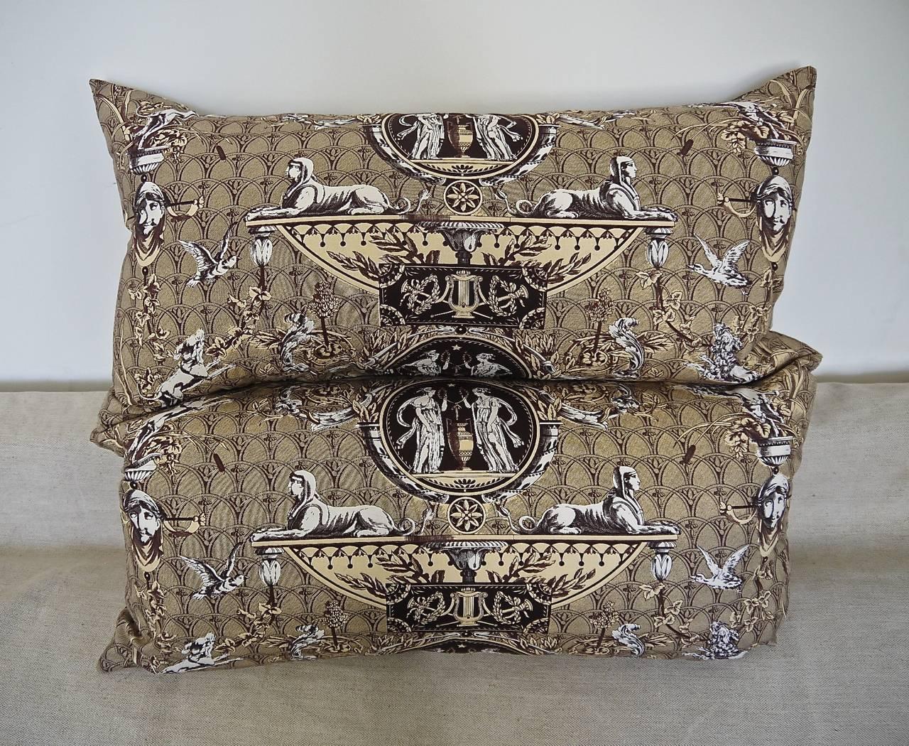 Empire Pair of  1980s Brunschwig & Fils 'Les Sphinx Medaillons' brown toile pillows