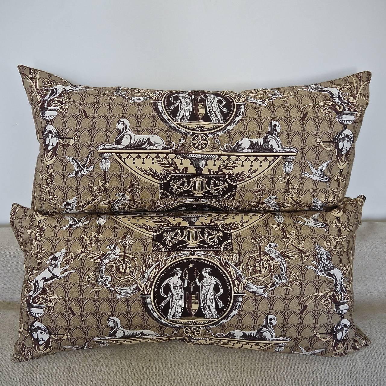 French Pair of  1980s Brunschwig & Fils 'Les Sphinx Medaillons' brown toile pillows