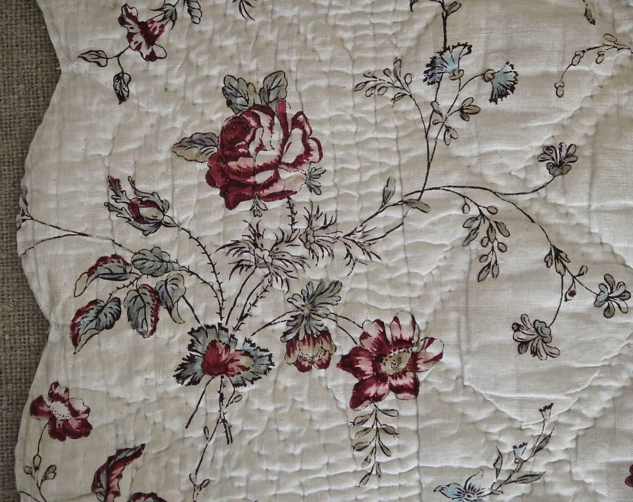 Quilted 18th Century French Antique Blockprinted Scalloped Square For Sale