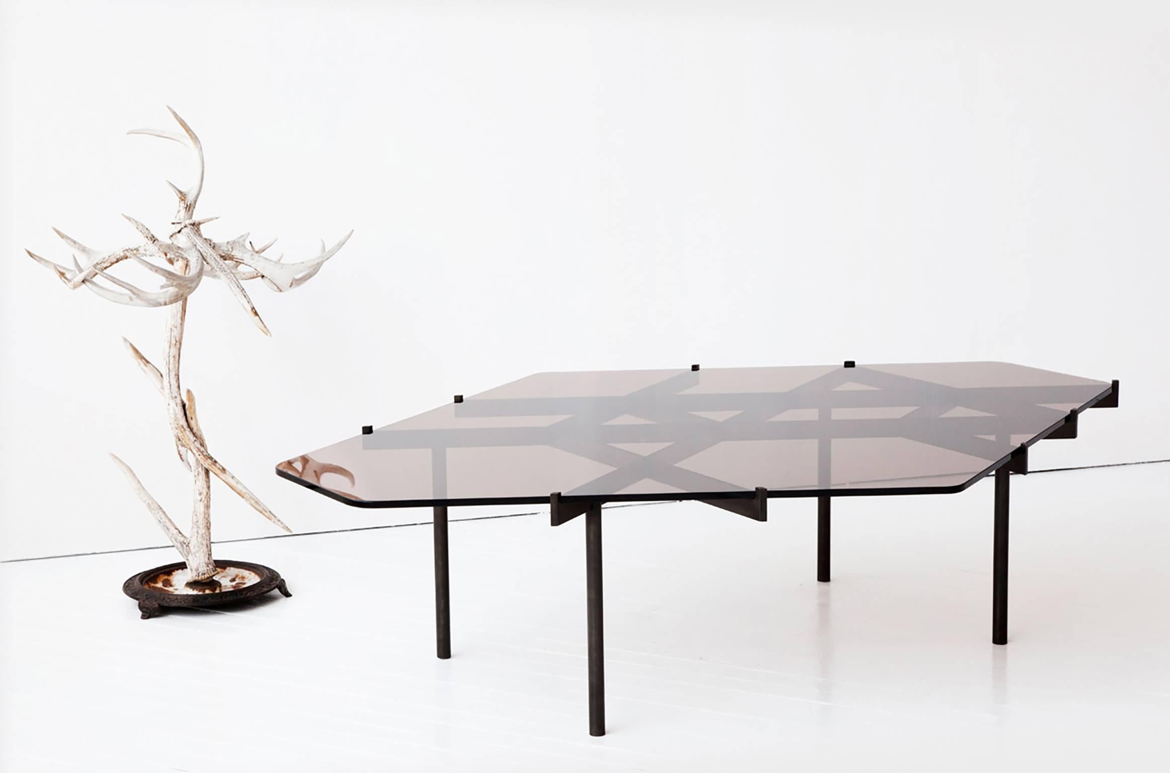 Bleached Lawson Coffee Table, Bronze Glass and Blackened Stainless Steel For Sale