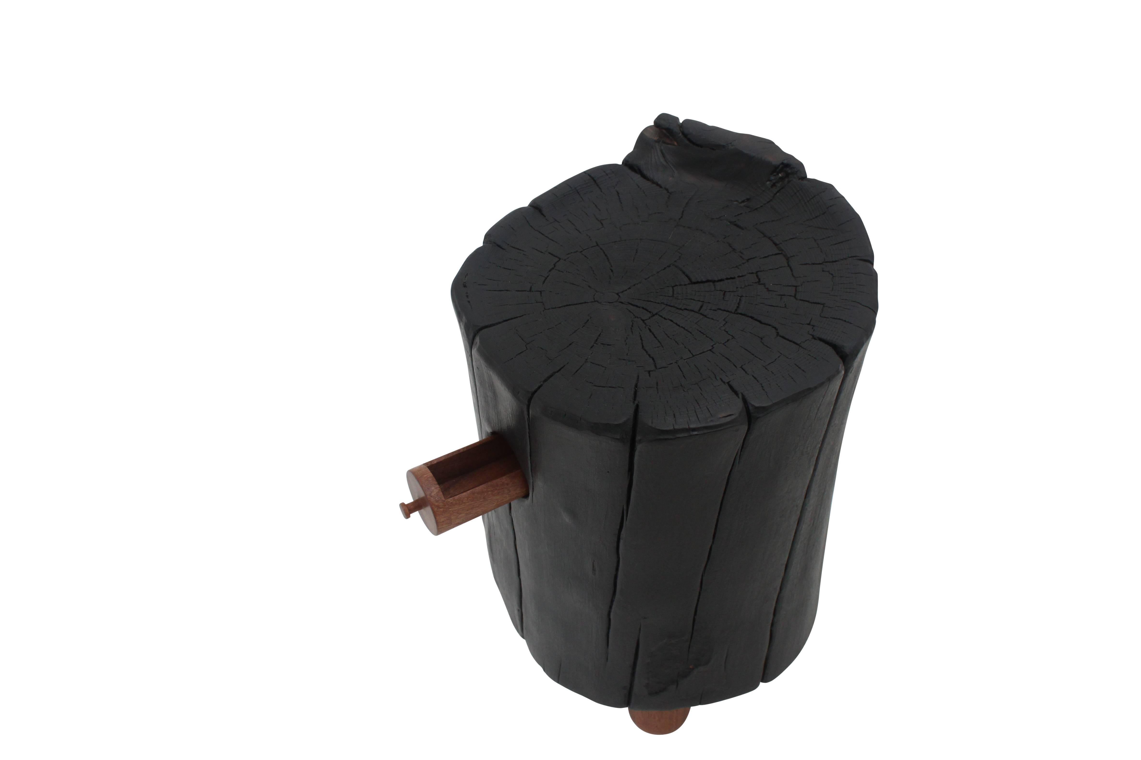 Charred Salvaged Hurricane Sandy Stump Stools with Hand-Turned Legs and Drawers 1