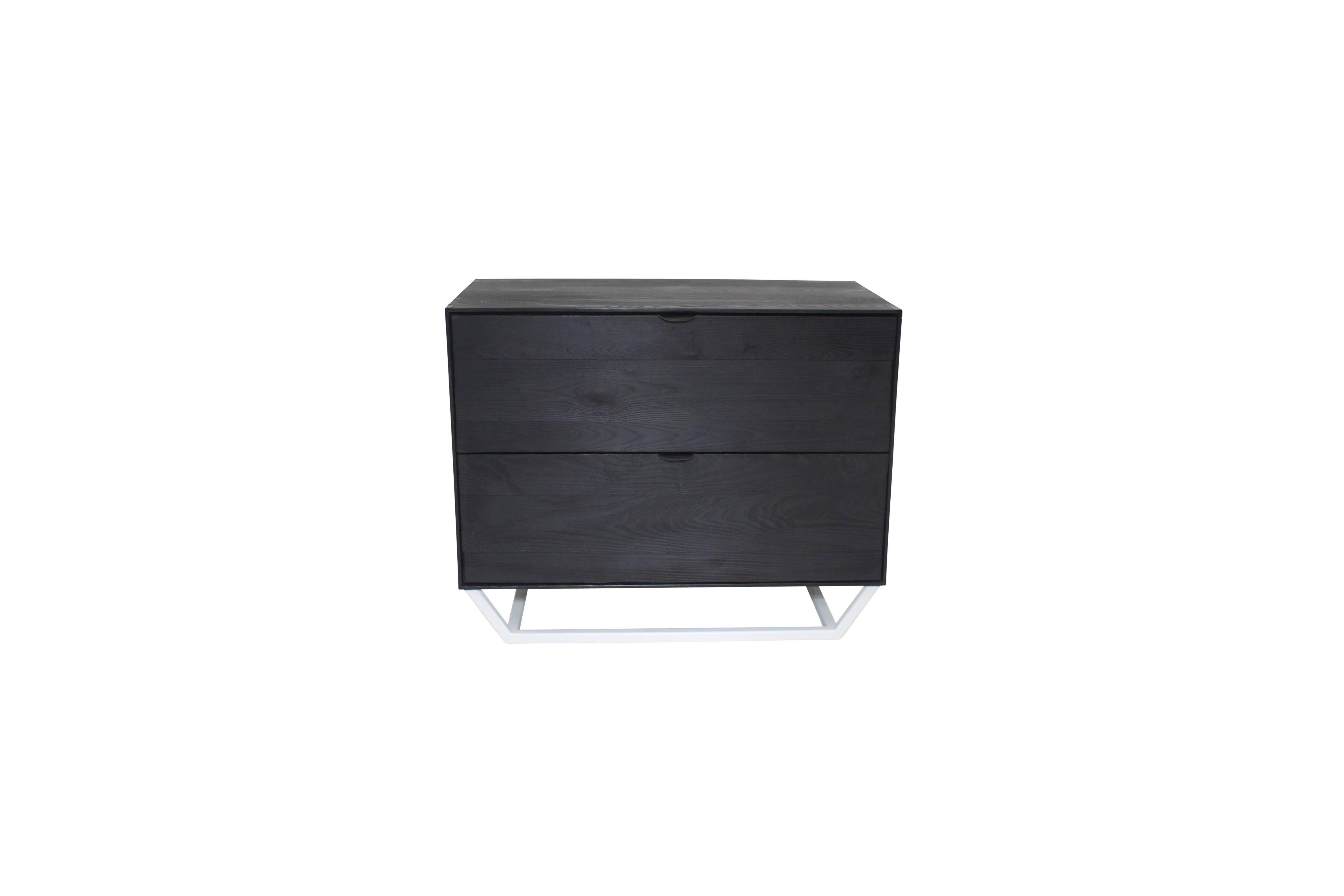 American Solid Ashwood Charred Credenza with Leather Pulls, Hidden Drawer and Steel Base