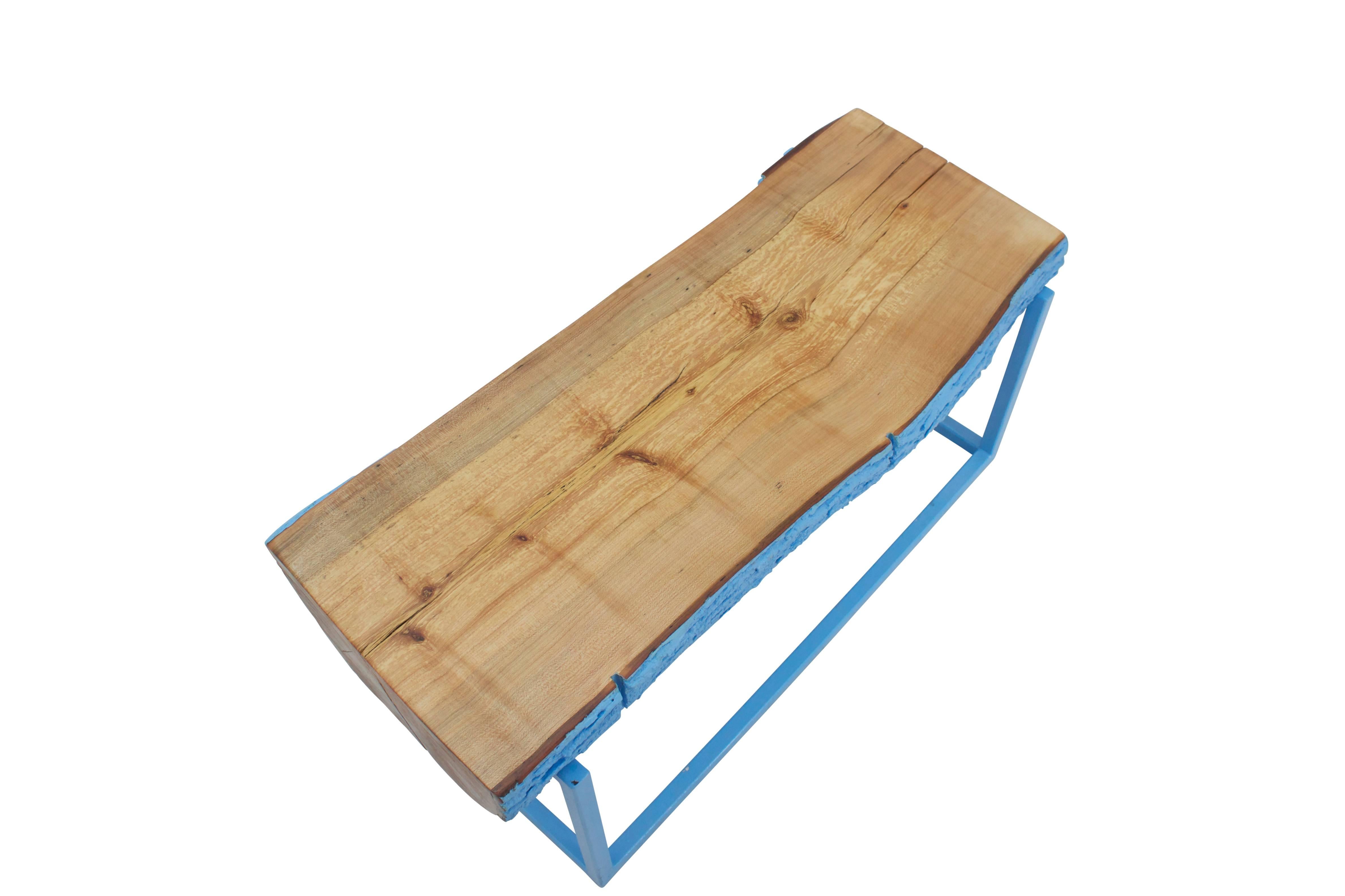 Painted Modern Bench Beacon Blue Hurricane Sandy Reclaimed Live Edge Maple and Steel
