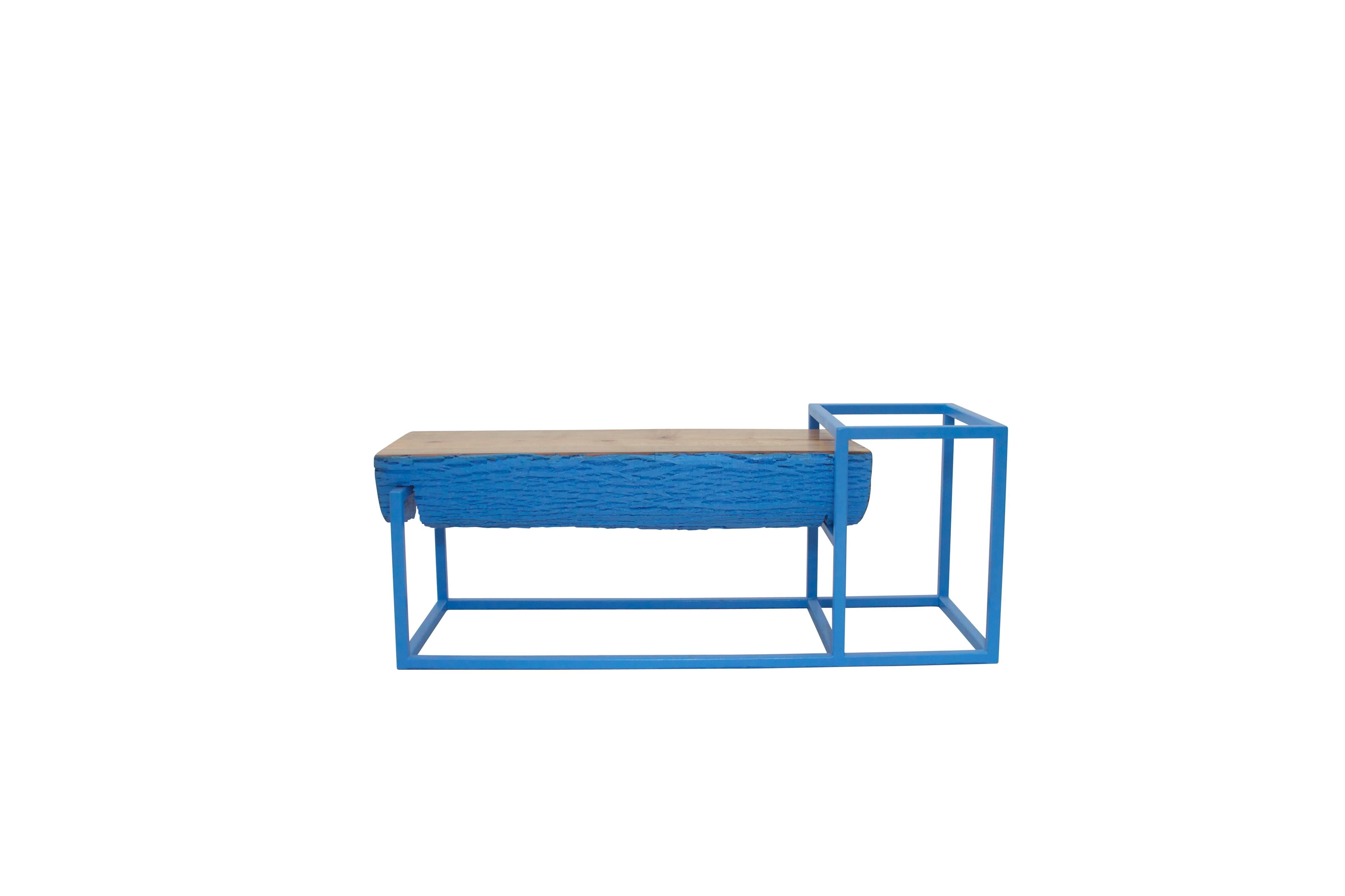 Contemporary Modern Bench Beacon Blue Hurricane Sandy Reclaimed Live Edge Maple and Steel