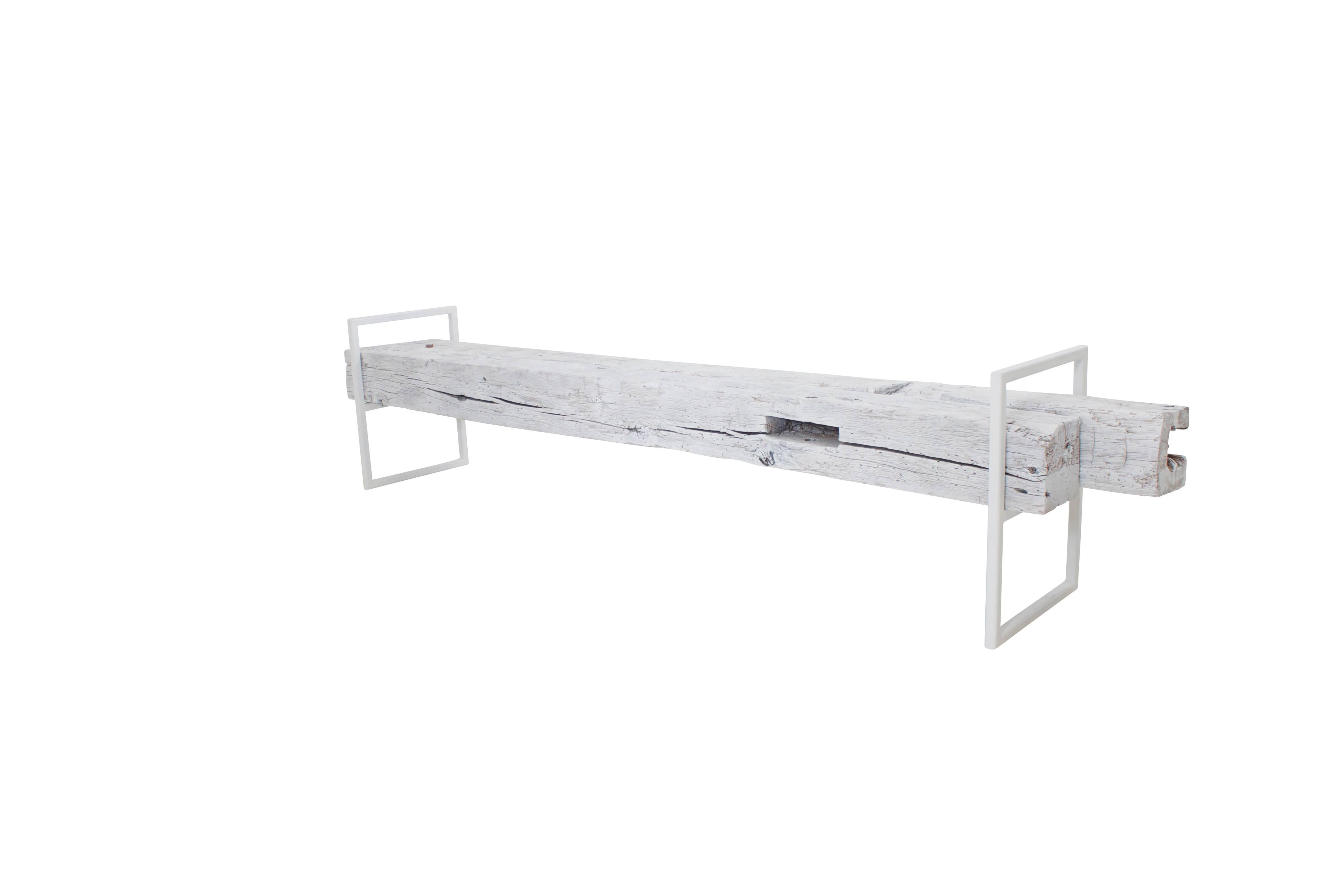 Modern Minimal Beam Bench Reclaimed Structural Oak Beams Welded Steel Frame For Sale 1