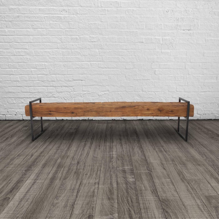 Modern Minimal Beam Bench Reclaimed Structural Oak Beams Welded Steel Frame