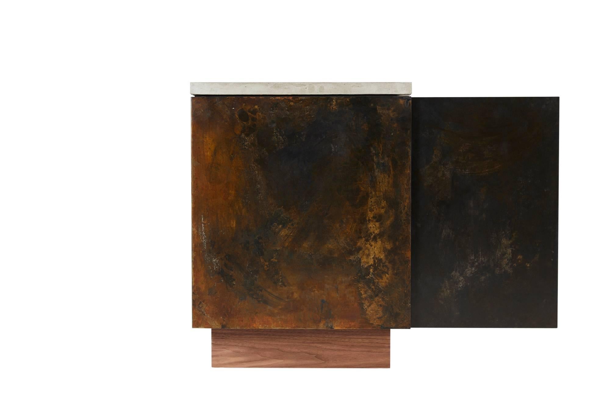 Patinated Steel, Cast-Concrete and Walnut 