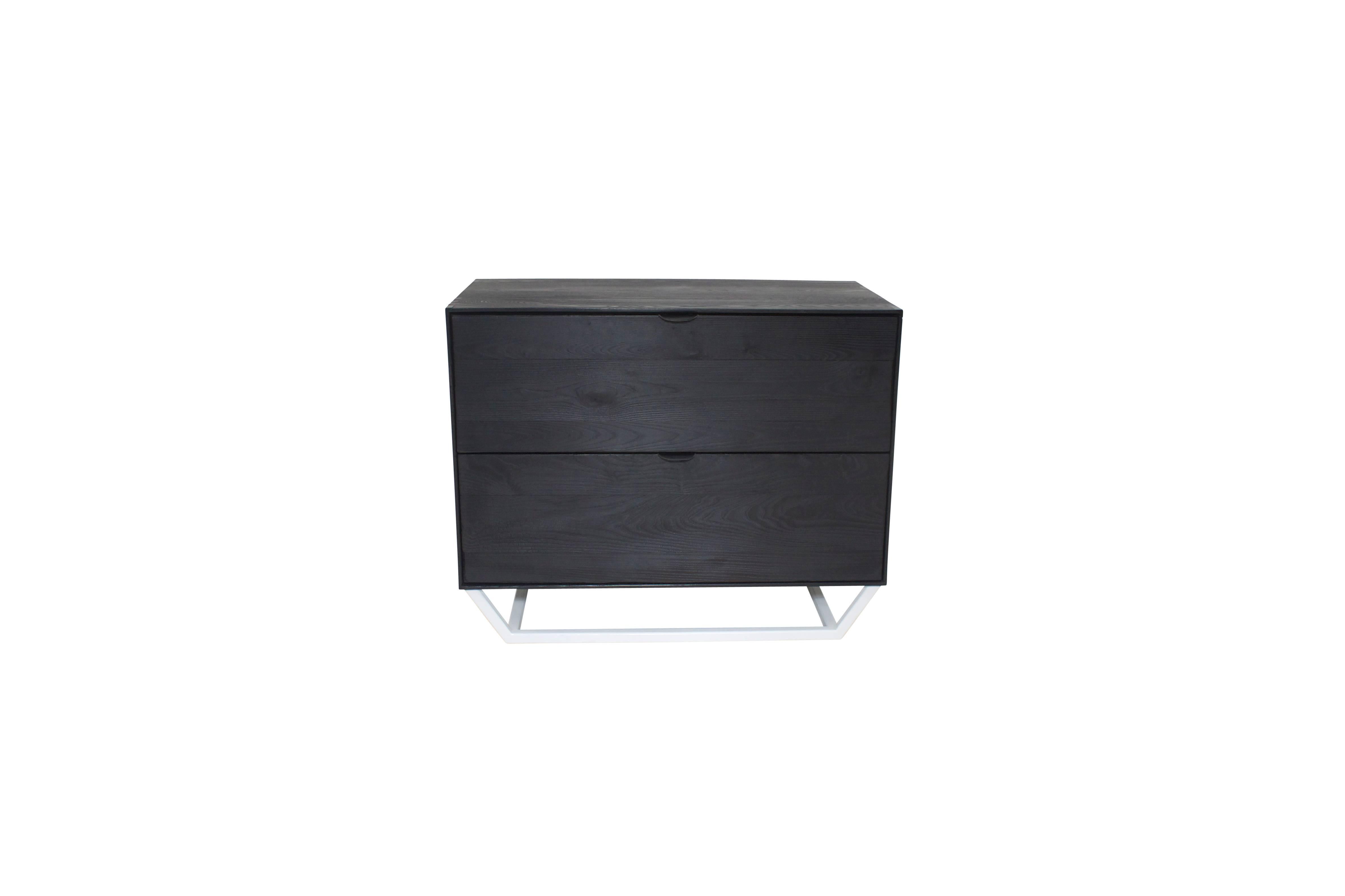 Minimalist Solid Ashwood Charred Credenza with Leather Pulls, Hidden Drawer and Steel Base