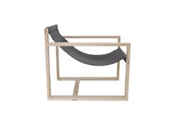 Solid Ashwood and Black Leather "Hephaestus Lounger" Cerused Sling Chair