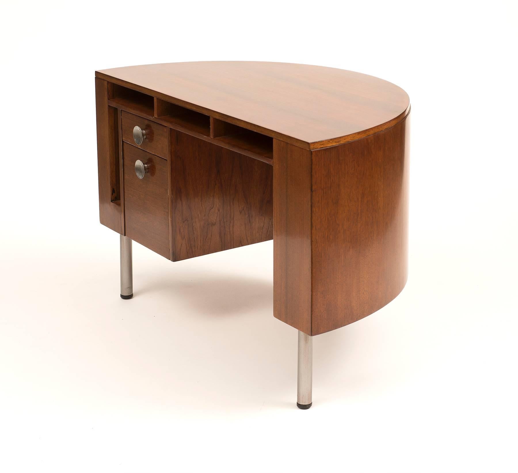 Brushed Art Deco Demilune Desk by Gilbert Rohde in Walnut, 1942