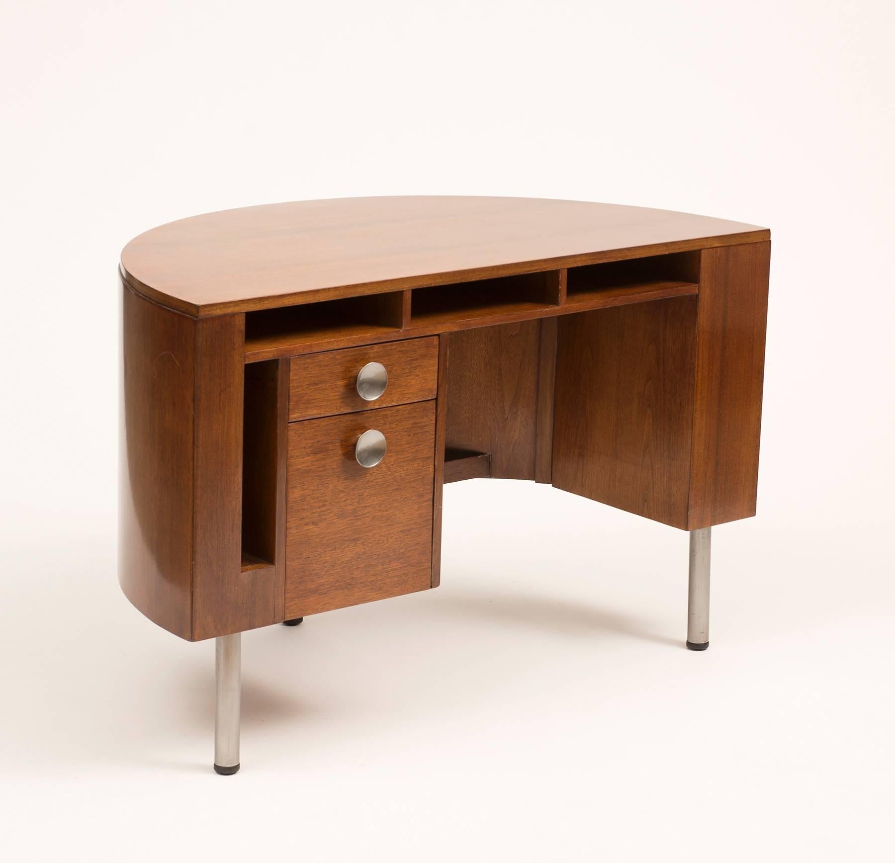 Art Deco Demilune Desk by Gilbert Rohde in Walnut, 1942 In Excellent Condition In Sylacauga, AL