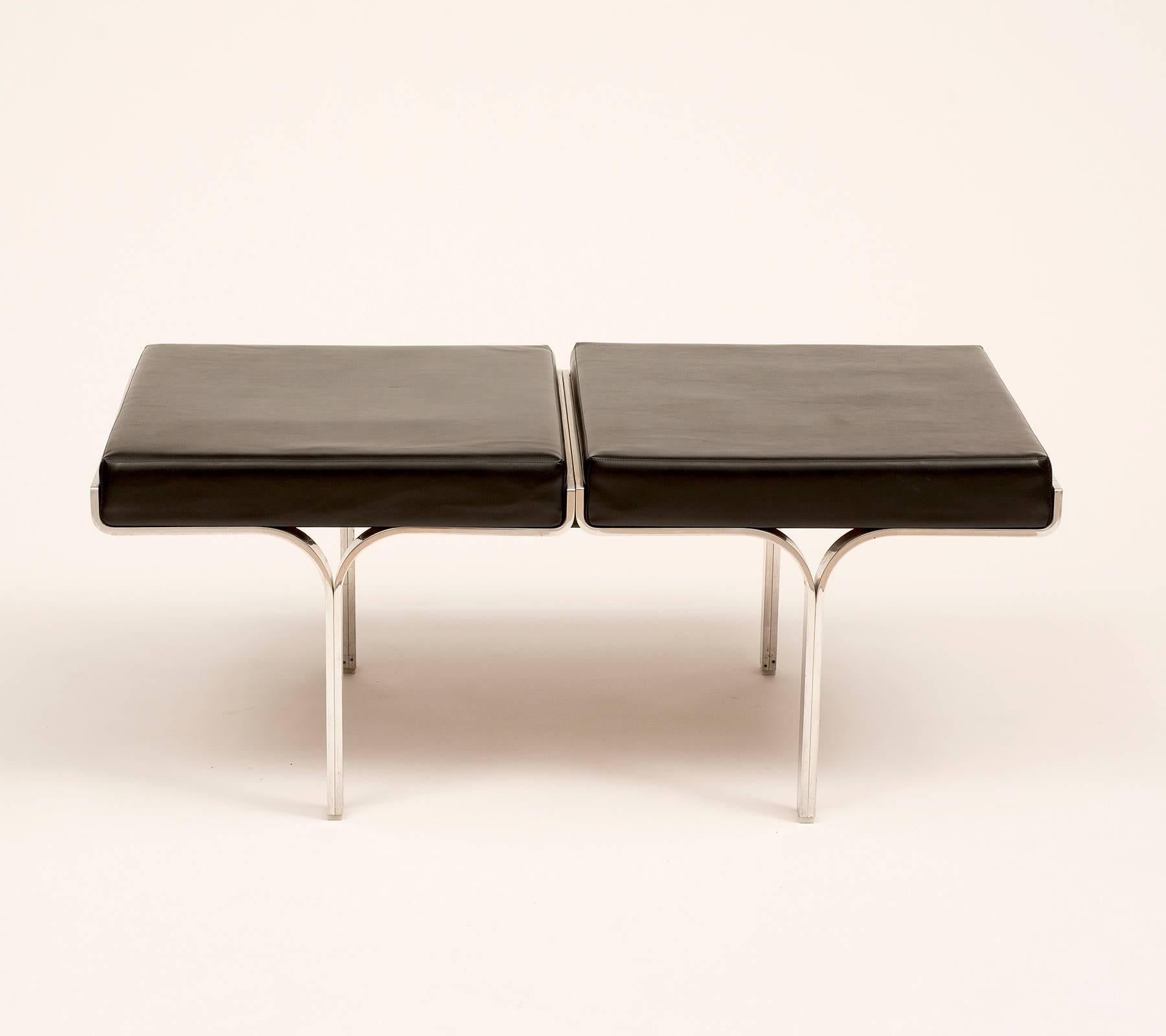The link bench by John Behringer, for J & G, is in cast aluminum and the original black leatherette, 1960s. Triple link version is in the permanent collect of the MOMA.