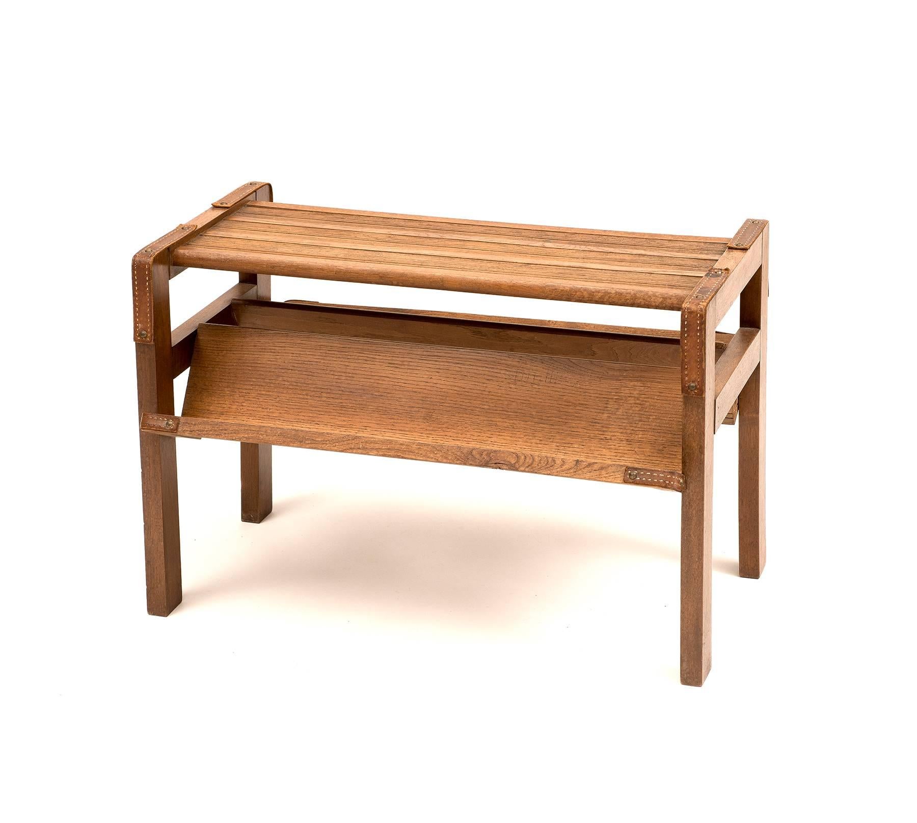 Mid-Century Modern Jacques Adnet Library Side Table in Oak and Leather, 1950s