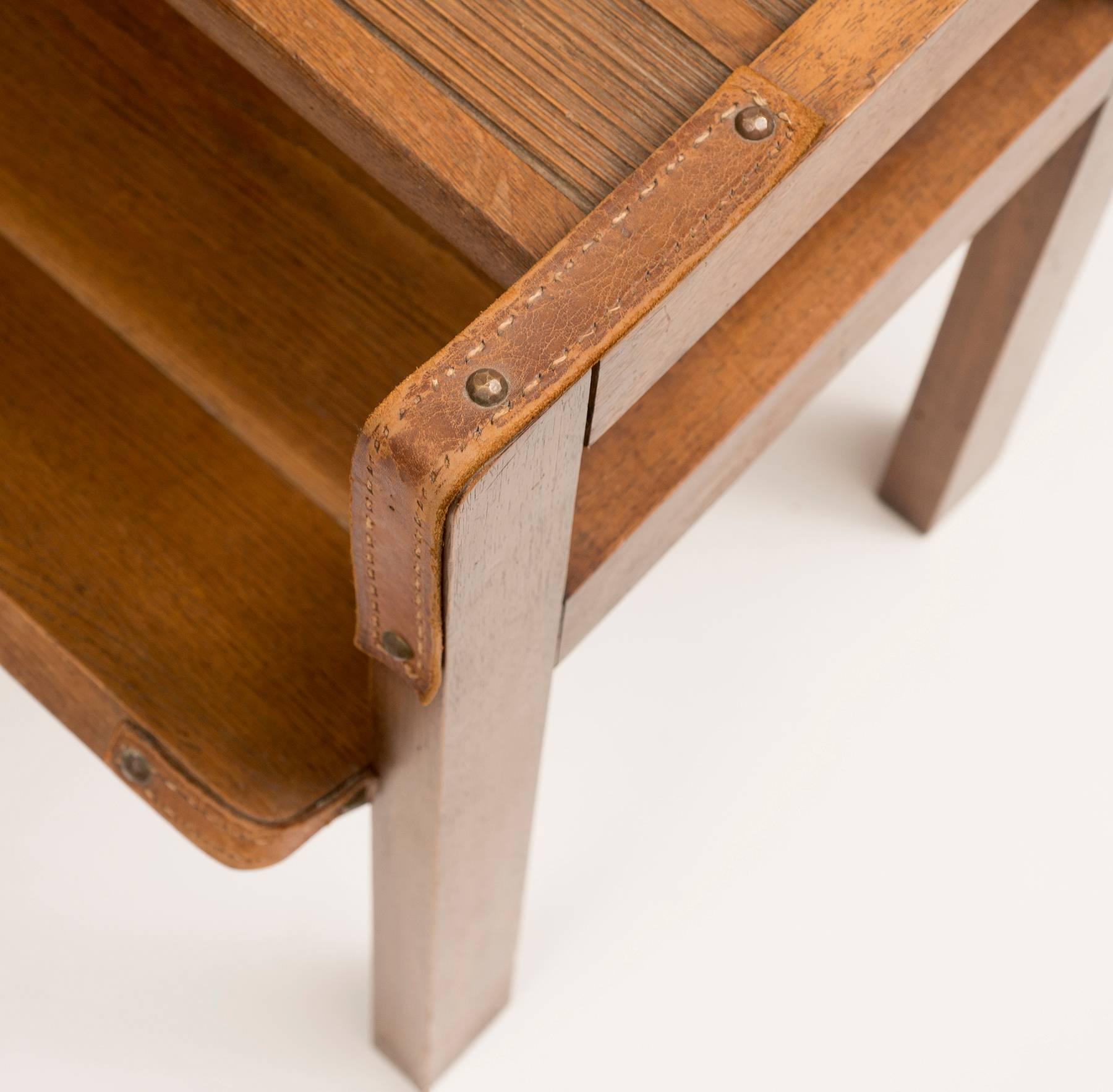 French Jacques Adnet Library Side Table in Oak and Leather, 1950s