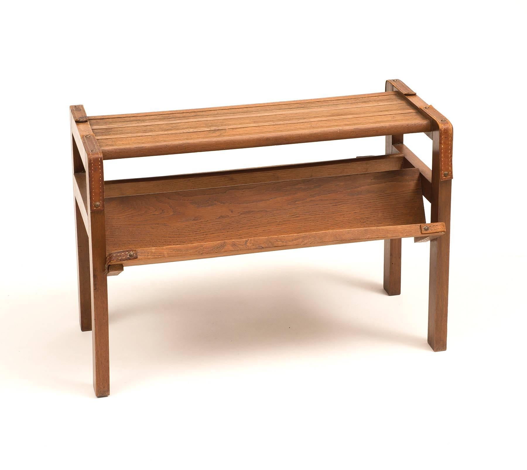 Jacques Adnet Library Side Table in Oak and Leather, 1950s In Excellent Condition In Sylacauga, AL