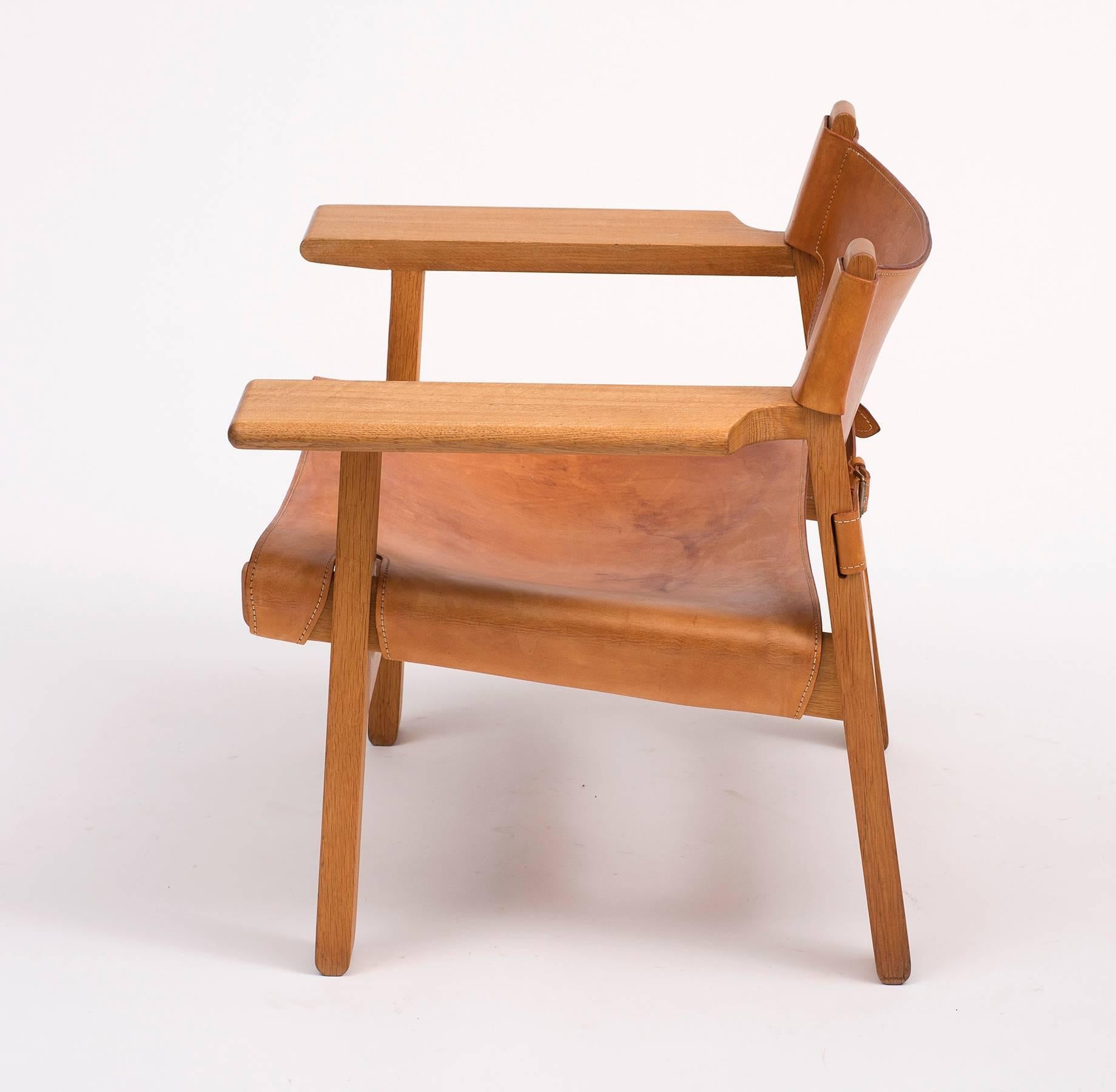 Danish Pair of Spanish Chairs by Børge Mogensen in Oak and Cognac Leather