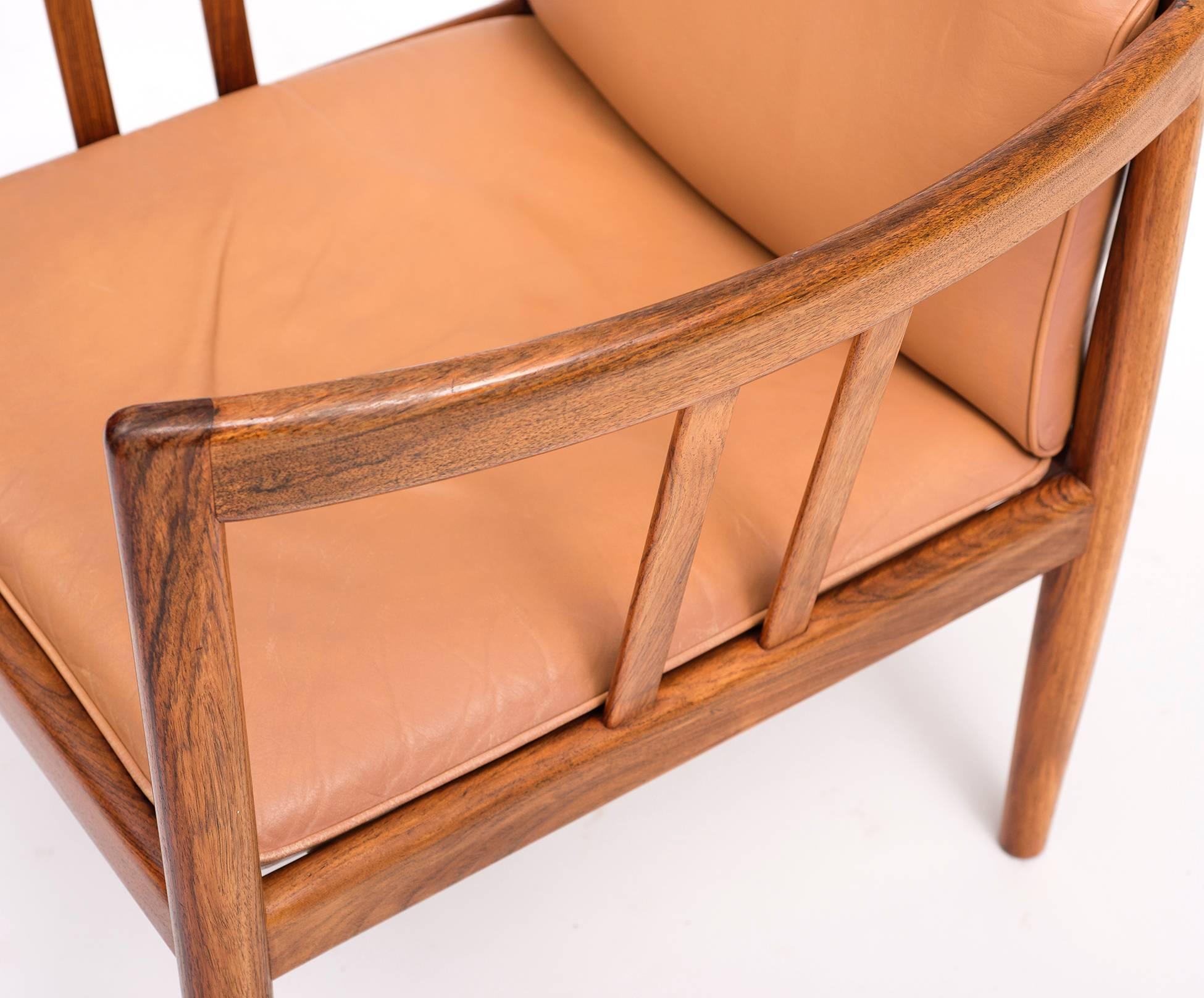 Danish Pair of Elegant Rosewood and Leather Lounge Chairs by Illum Wikkelso, 1960s