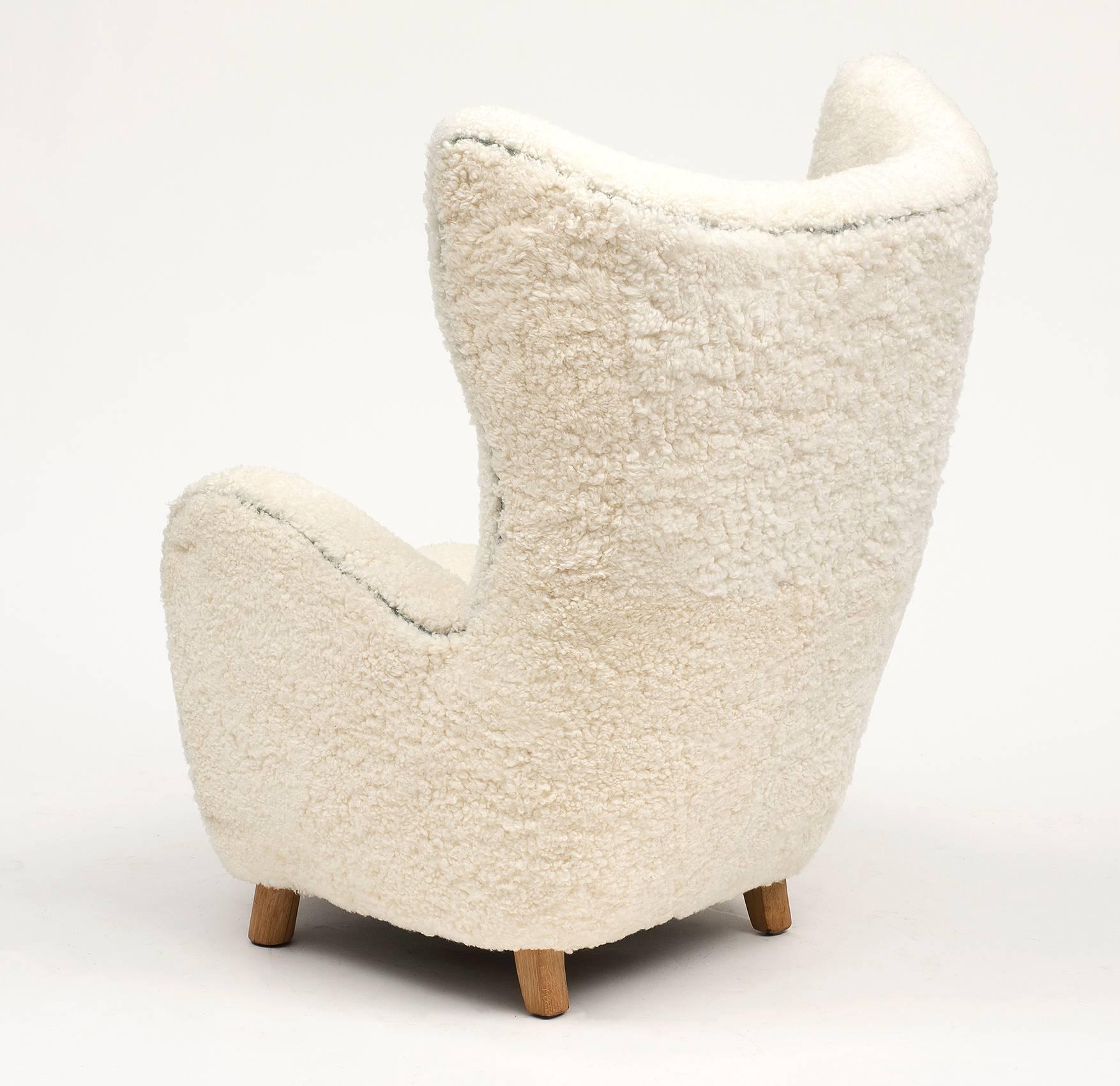 Scandinavian Modern Mogens Lassen Wingback Lounge Chair in Sheepskin, Denmark, 1930s