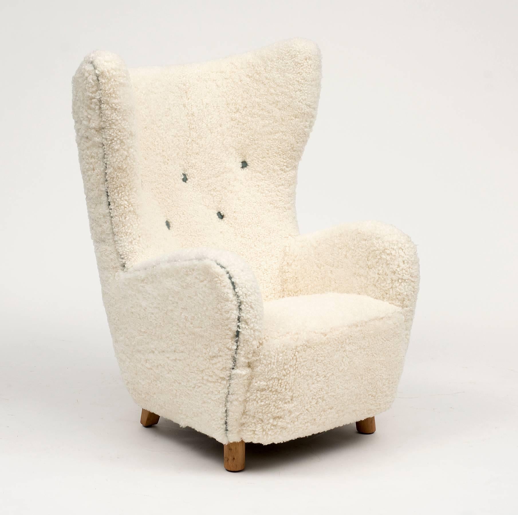 Mogens Lassen Wingback Lounge Chair in Sheepskin, Denmark, 1930s In Excellent Condition In Sylacauga, AL