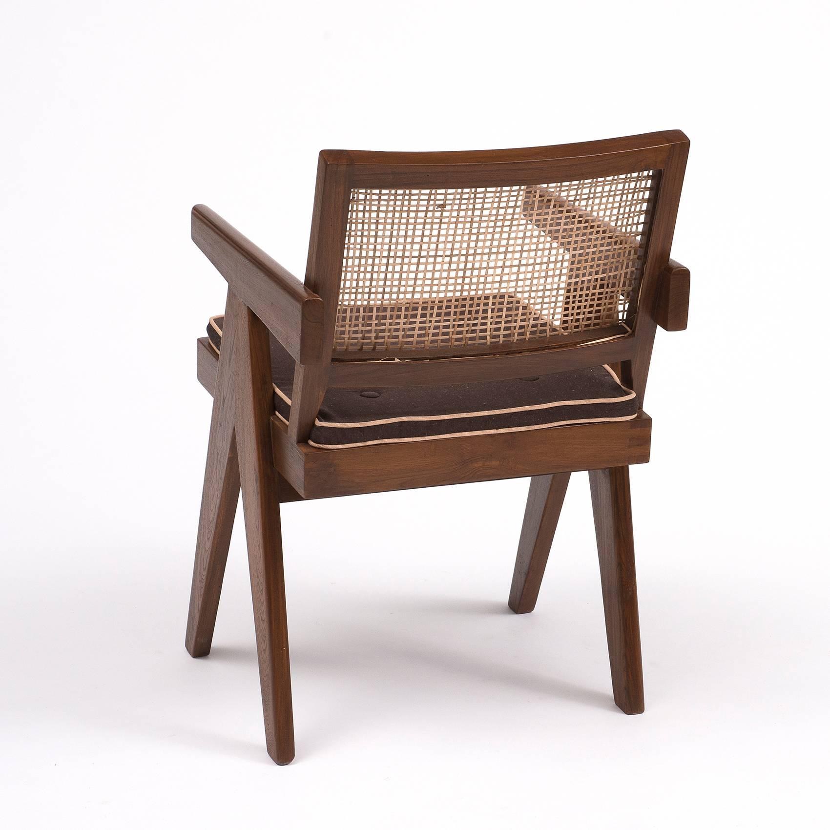 Indian Pair of Pierre Jeanneret Armchairs in Teak and Cane for Chandigarh, 1950s