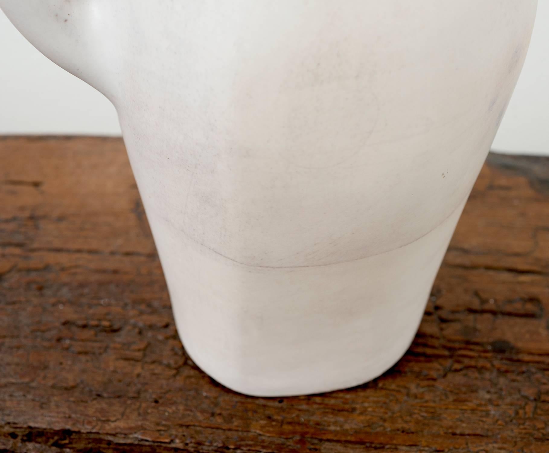 Large White Ceramic Pitcher by Georges Jouve with Black Rim, 1950 In Excellent Condition In Sylacauga, AL