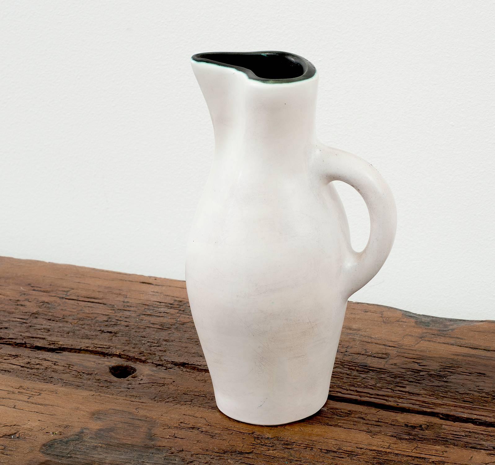 French Large White Ceramic Pitcher by Georges Jouve with Black Rim, 1950