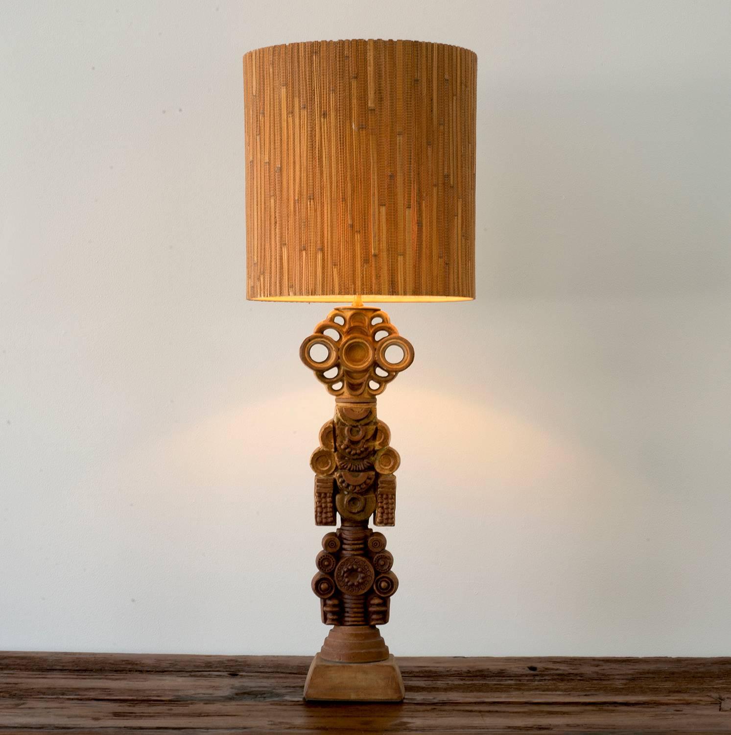 A rare, large ceramic totem table lamp by Bernard Rooke with original reed and twine mosaic shade, England, 1970s. Stamped "Rooke" on verso of base. Rewired for US.