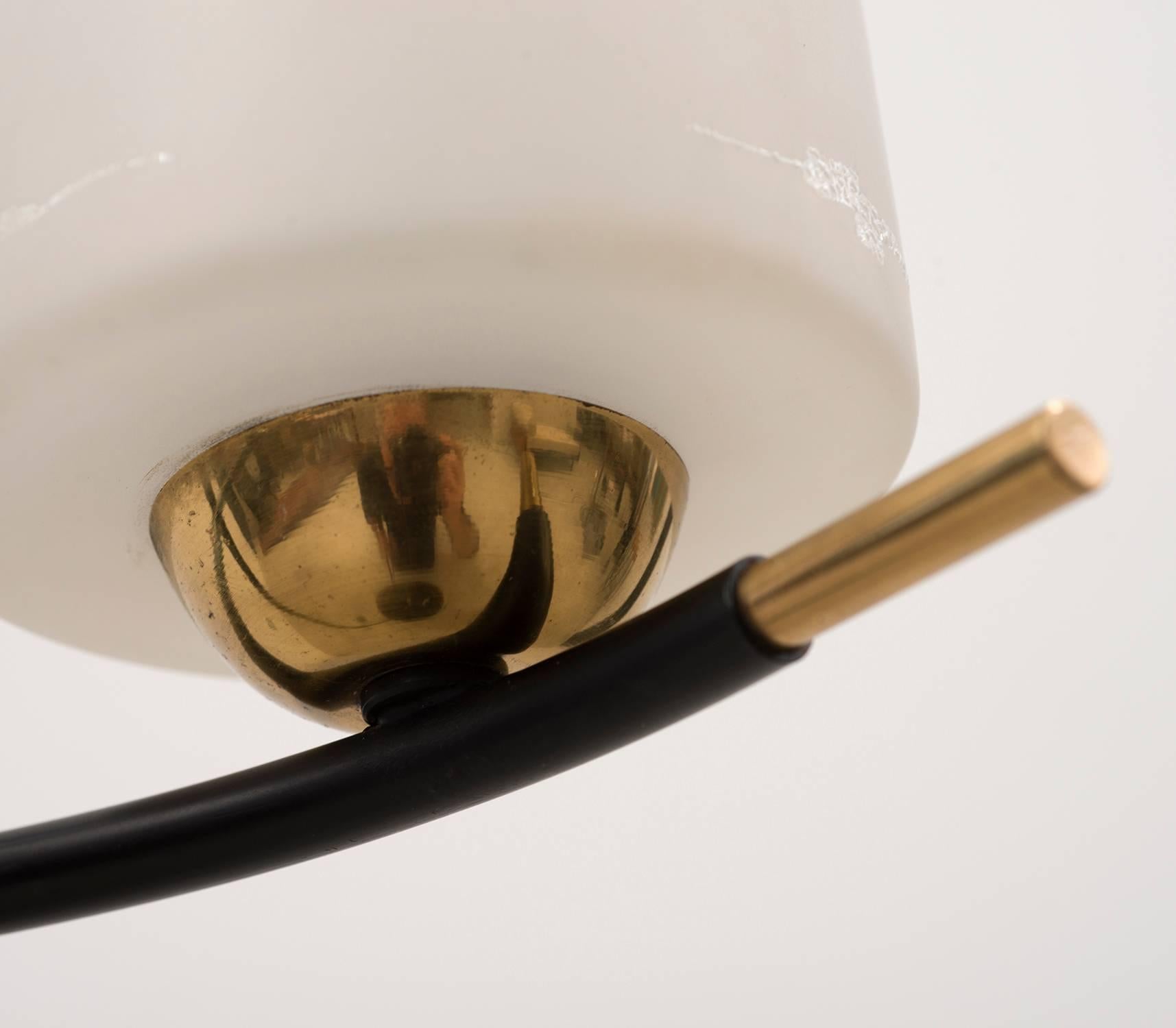 French Floor Lamp in Brass and Black Lacquer with Etched Glass Diffusers, 1950s For Sale 1