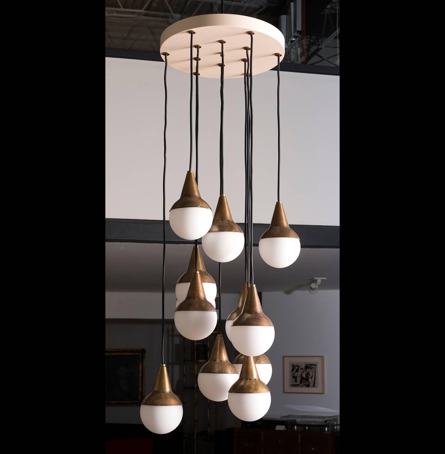 Mid-Century Modern Italian Chandelier with 12 Hanging Opaque Glass Balls and Brass Accents, 1950s