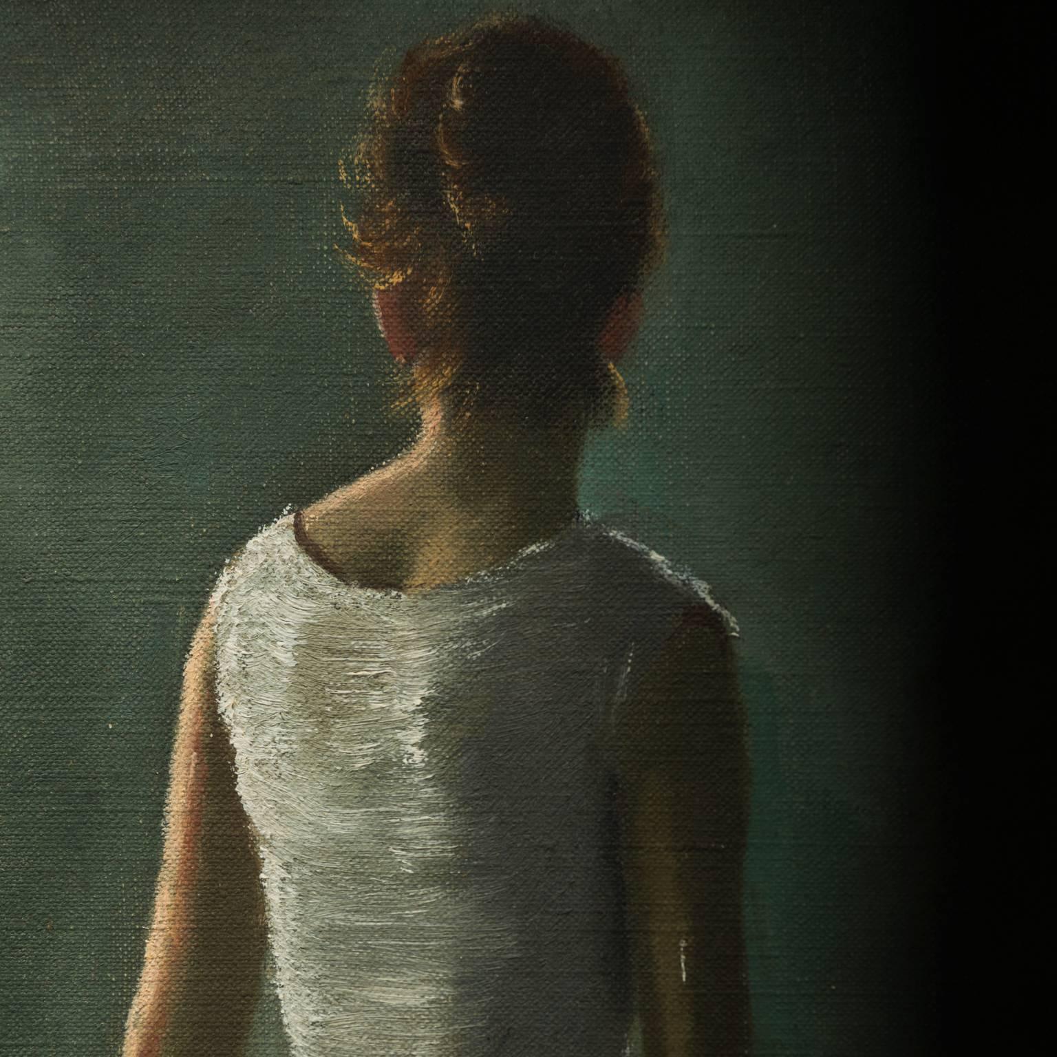 Backside portrait of a seated young woman in oil by portrait painter and art educator Daniel Mistrik, 1960s. Beautiful treatment of light. Signed upper right.

Dimensions without frame: 9.5 in. W x 11 in. H.

Daniel B. Mistrik (1928 - 1997) -