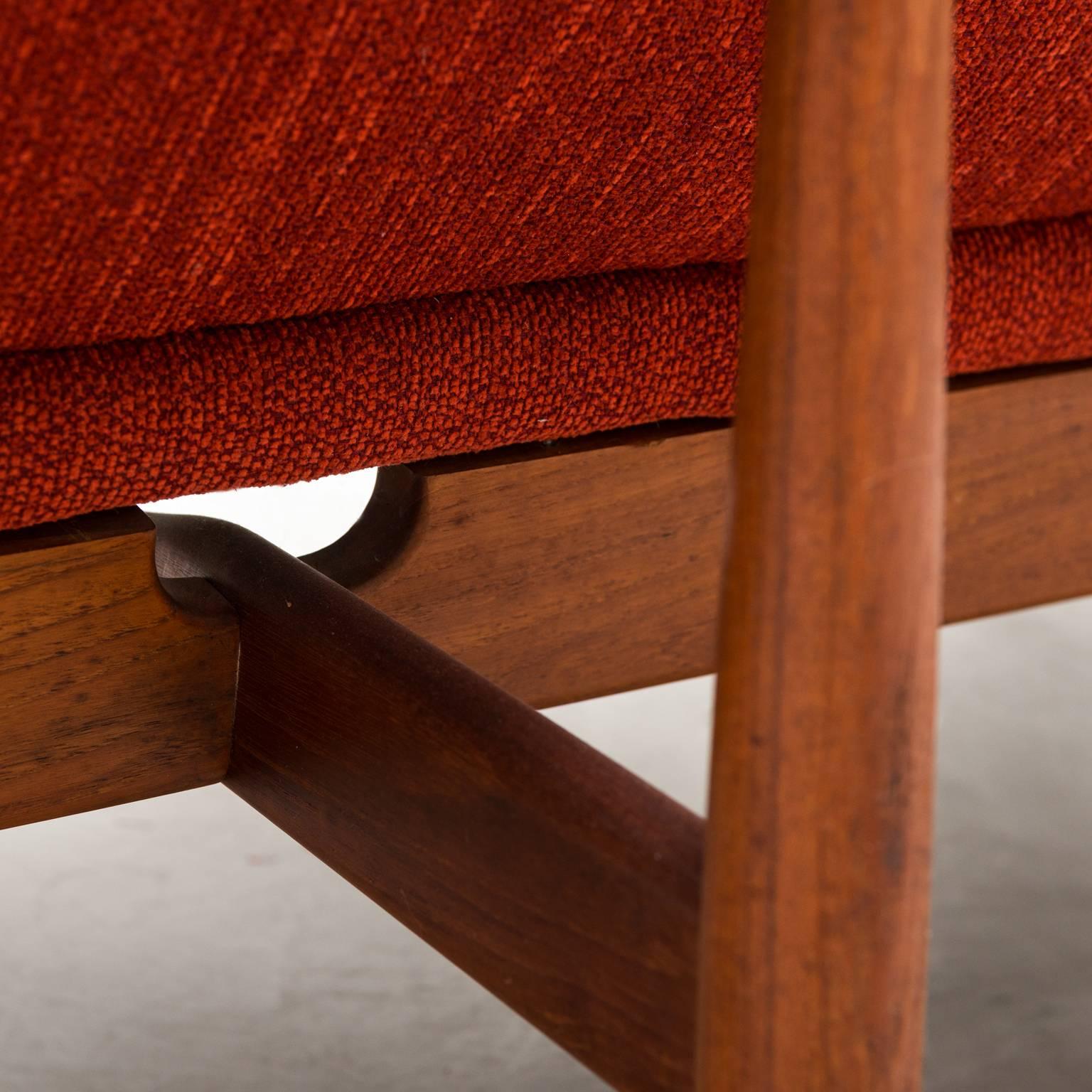 Brass Finn Juhl Model 137 Japan Sofa in Teak and Tomato Red Wool, Denmark, 1950s