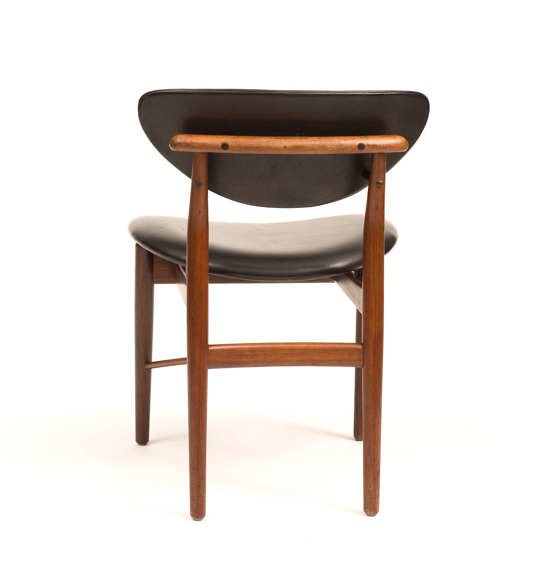 Danish Set of Four Finn Juhl NV55 Dining Chairs in Rosewood and Black Leather, 1950s
