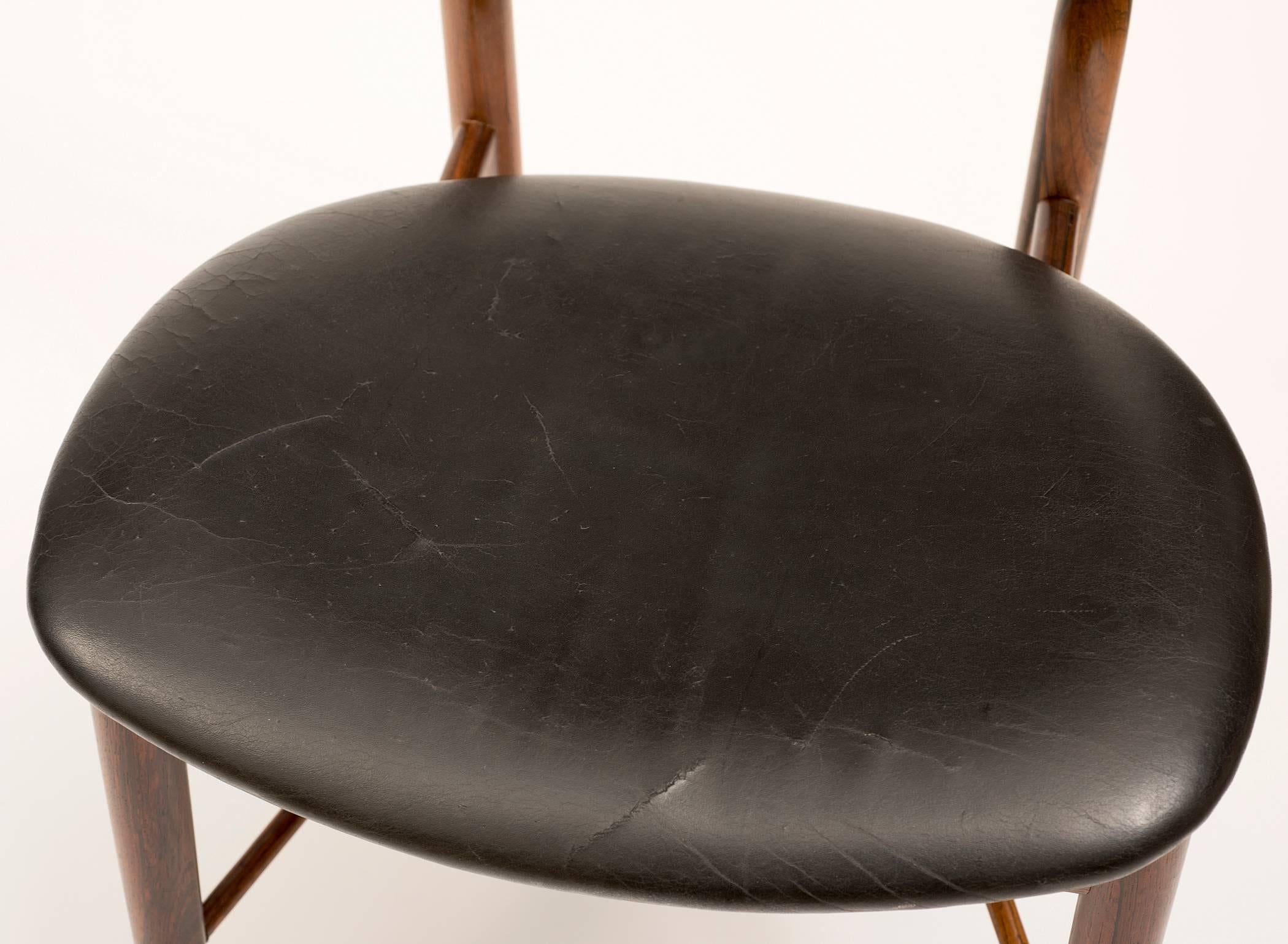Set of Four Finn Juhl NV55 Dining Chairs in Rosewood and Black Leather, 1950s 3