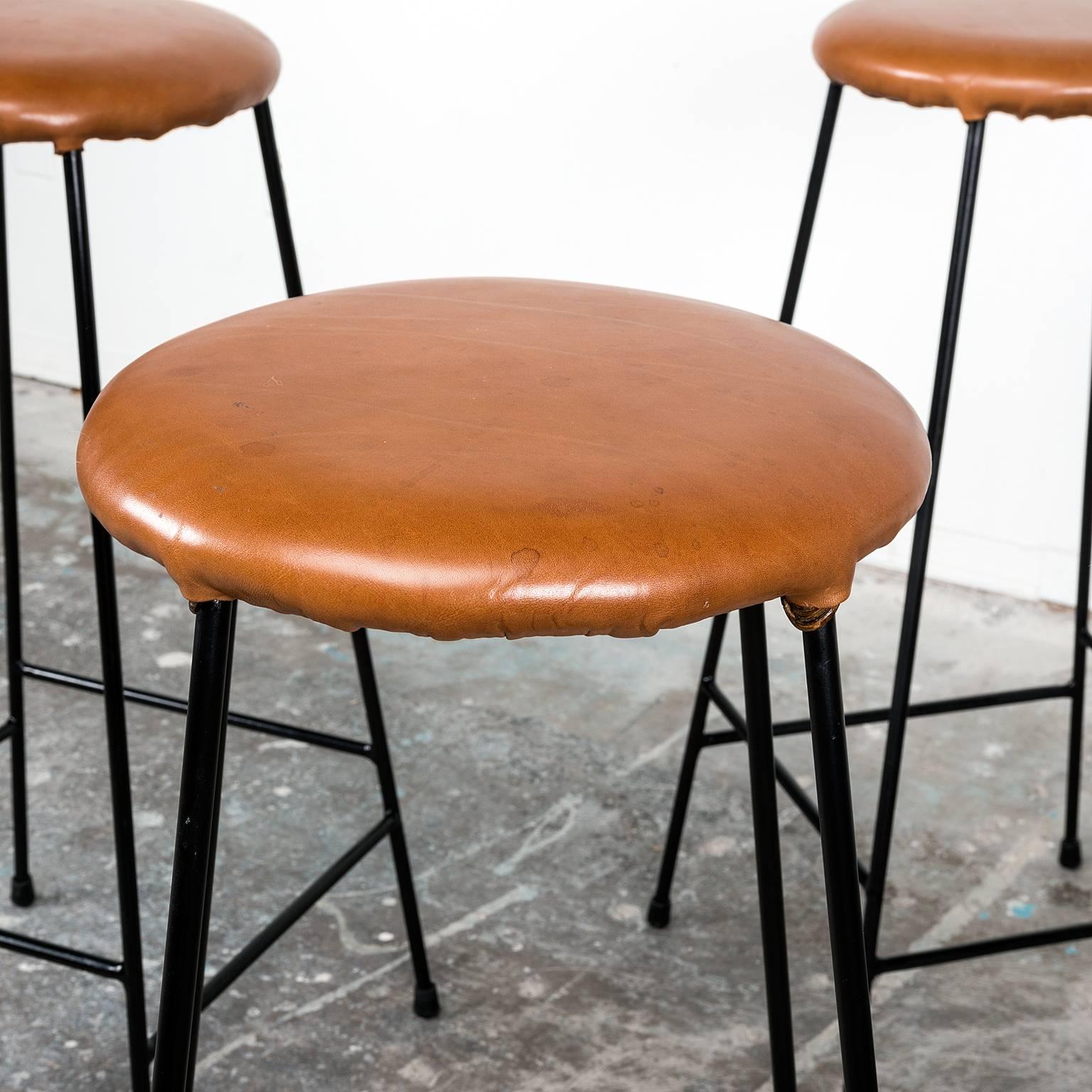 American Set of Four Iron Barstools with Caramel Leather Seats, 1960s